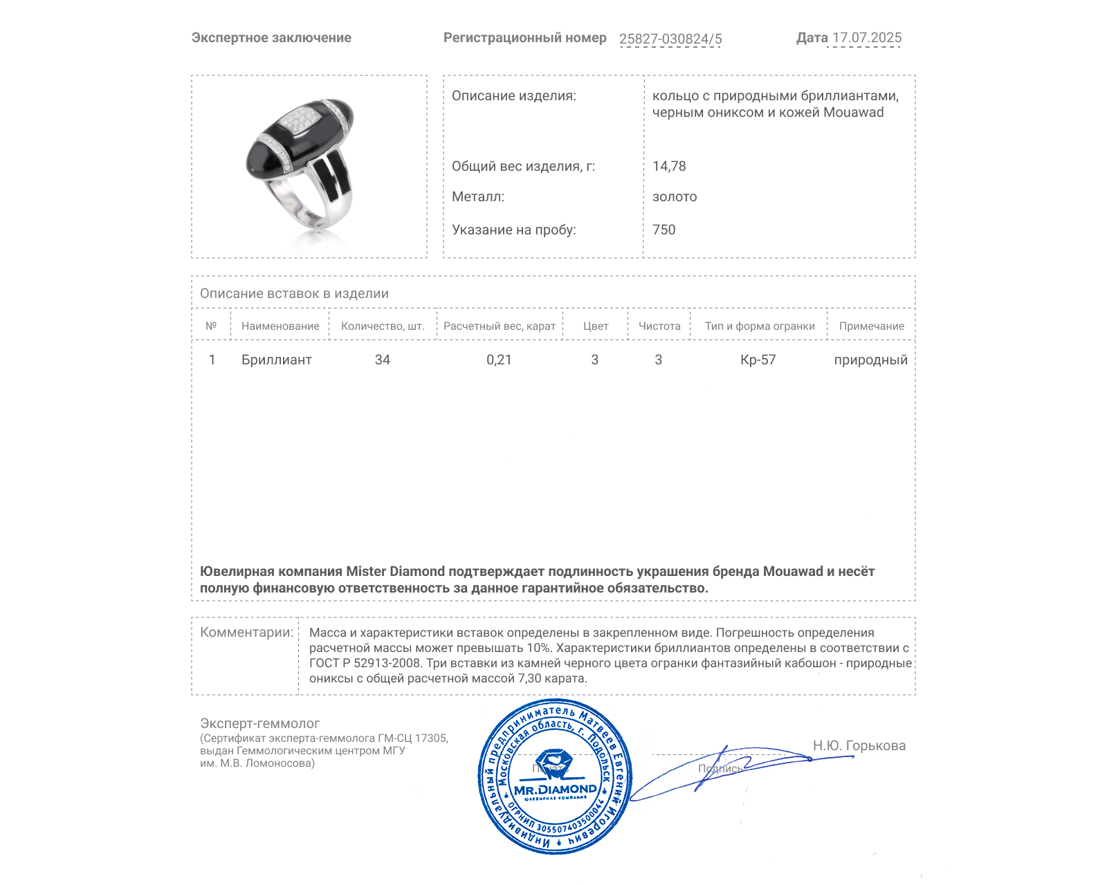 Оригинальное золотое кольцо с ониксом 7.30ct Mouawad