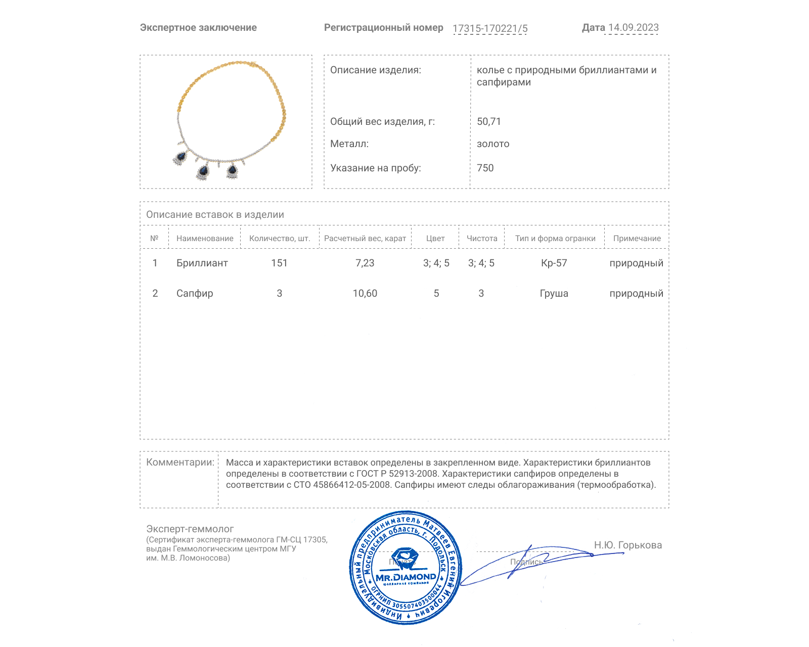 Золотое колье с сапфирами 10.60ct и бриллиантами 7.23ct