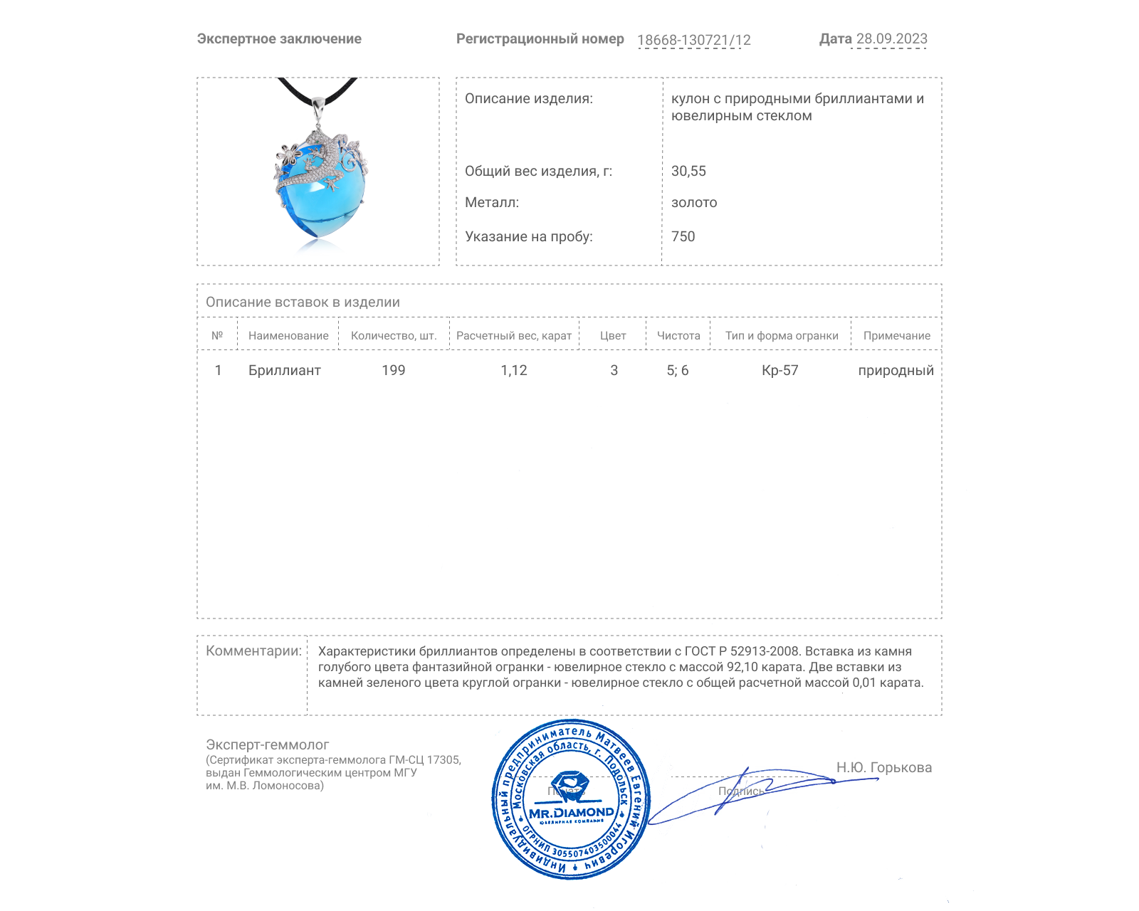 Золотой кулон с синим стеклом 92.10ct