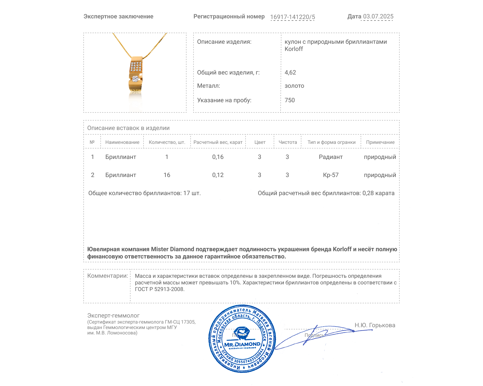 Оригинальный золотой кулон с бриллиантами 0.28ct Korloff