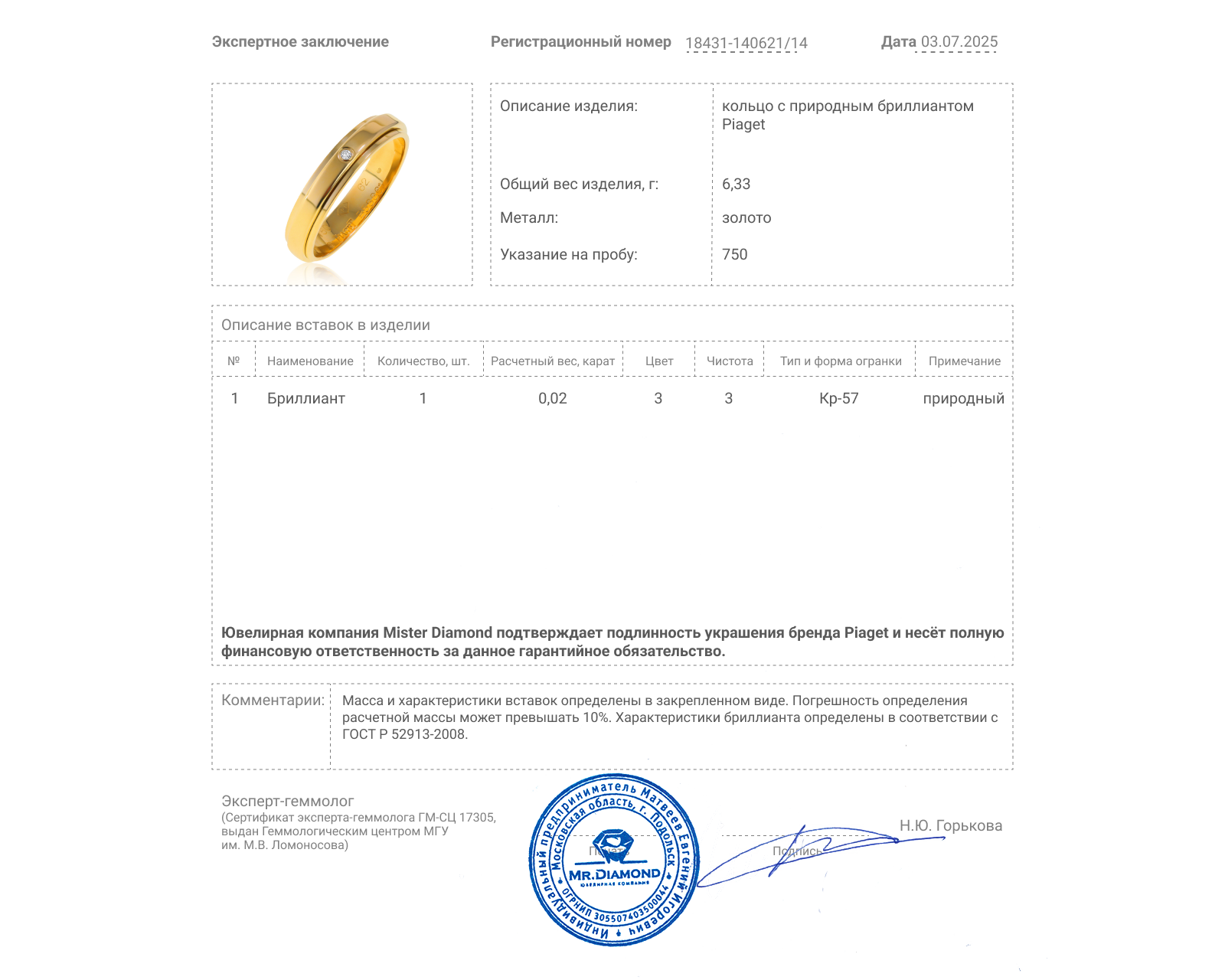 Оригинальное золотое кольцо с бриллиантом 0.02ct Piaget Possession