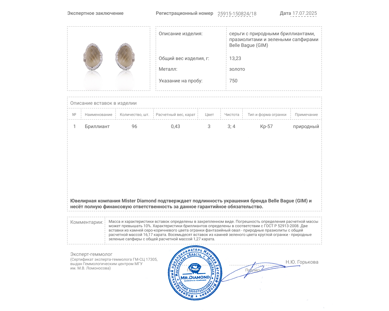 Оригинальные золотые серьги с празиолитами 16.17ct Belle Bague (GIM)