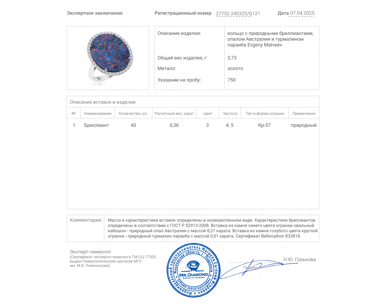Золотое кольцо с опалом Австралия 8.27ct Evgeny Matveev