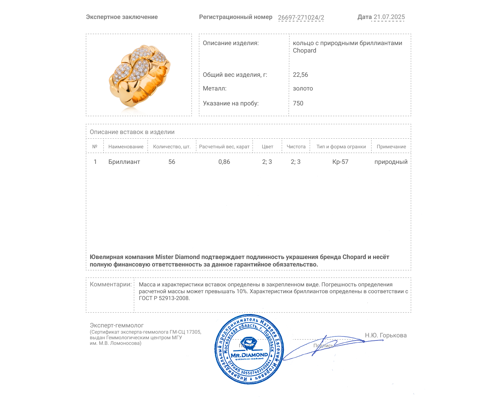 Оригинальное золотое кольцо с бриллиантами 0.86ct Chopard Casmir