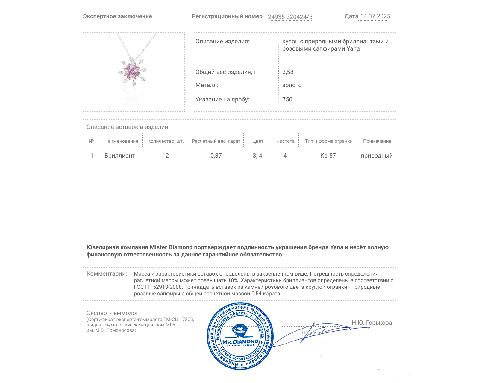 Оригинальный золотой кулон с сапфирами 0.54ct Yana