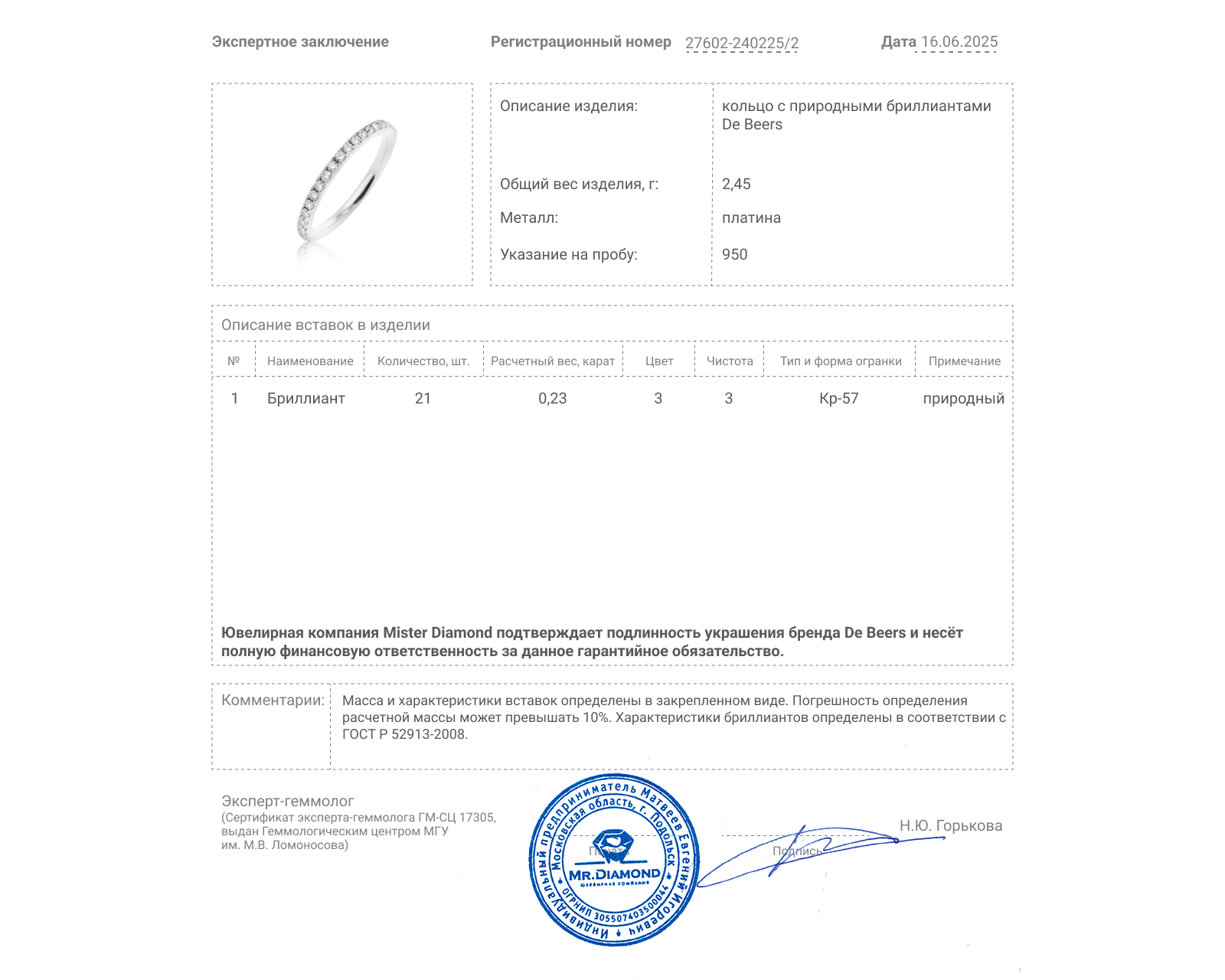 Оригинальное платиновое кольцо с бриллиантами 0.23ct De Beers
