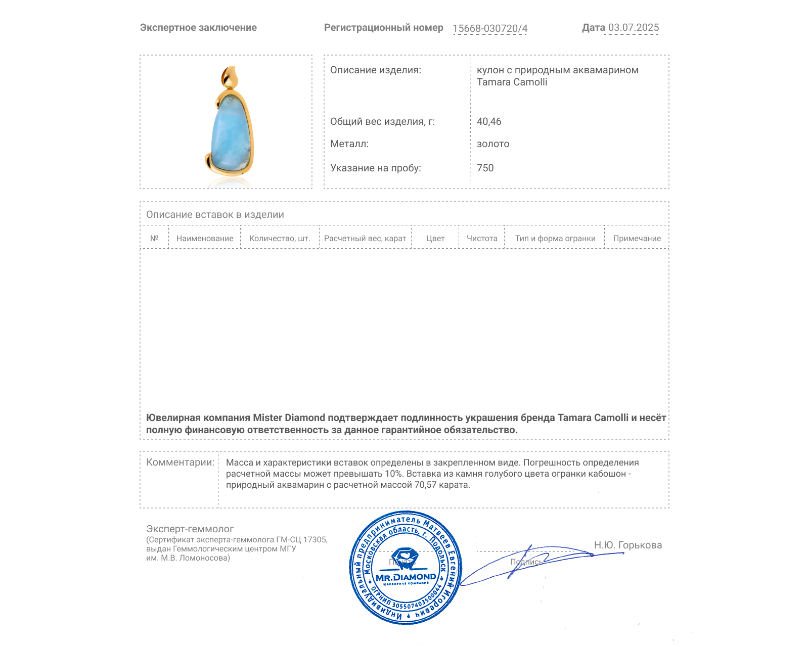 Оригинальный золотой кулон с аквамарином 70.57ct Tamara Camolli