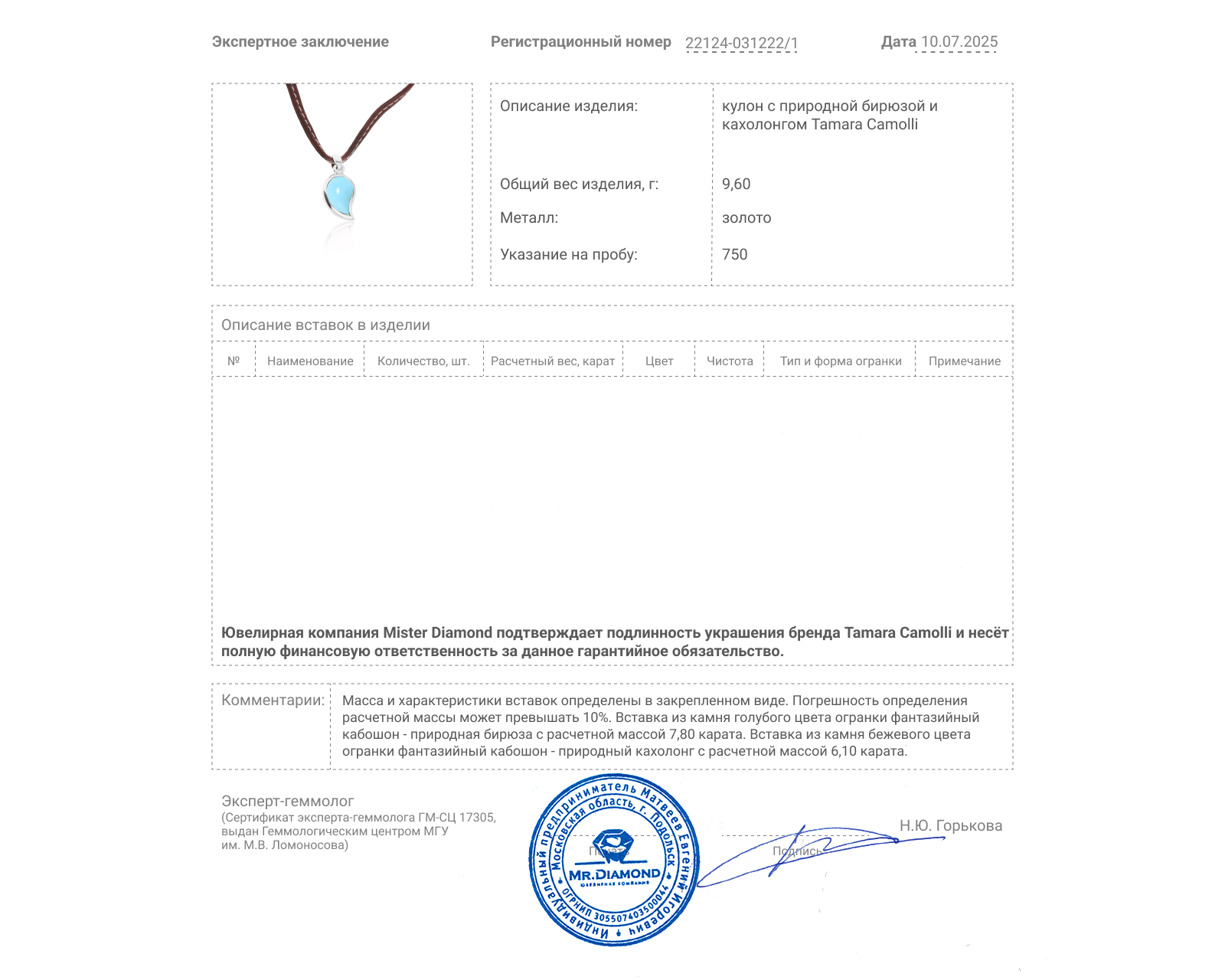 Оригинальный золотой кулон с бирюзой 7.80ct Tamara Camolli