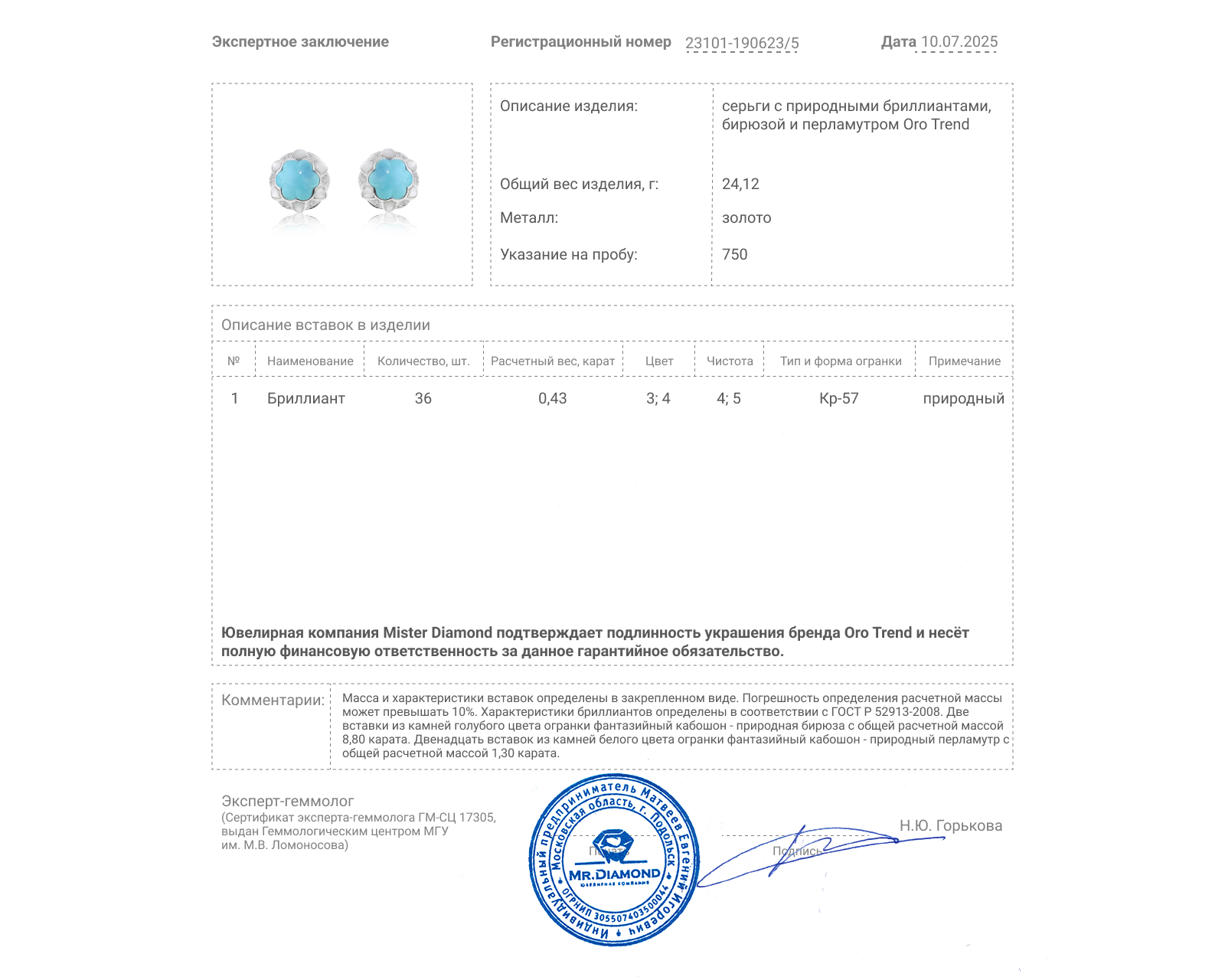 Оригинальные золотые серьги с бирюзой 8.80ct Oro Trend