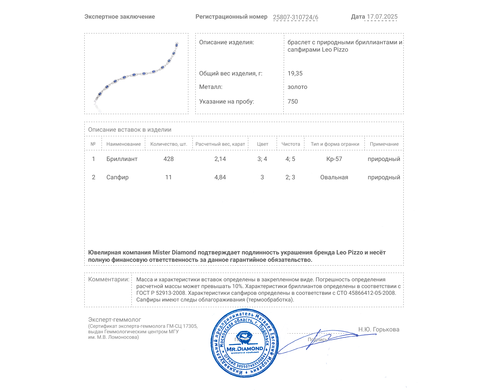 Оригинальный золотой браслет с сапфирами 4.84ct Leo Pizzo