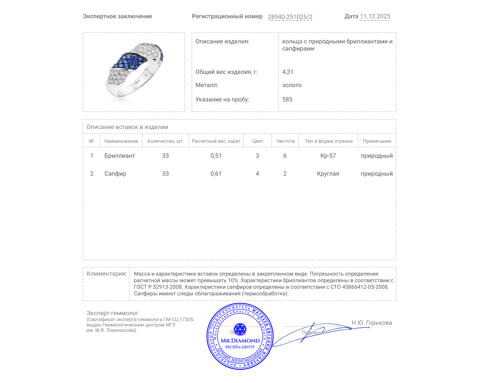 Золотое кольцо с сапфирами 0.61ct и бриллиантами 0.51ct