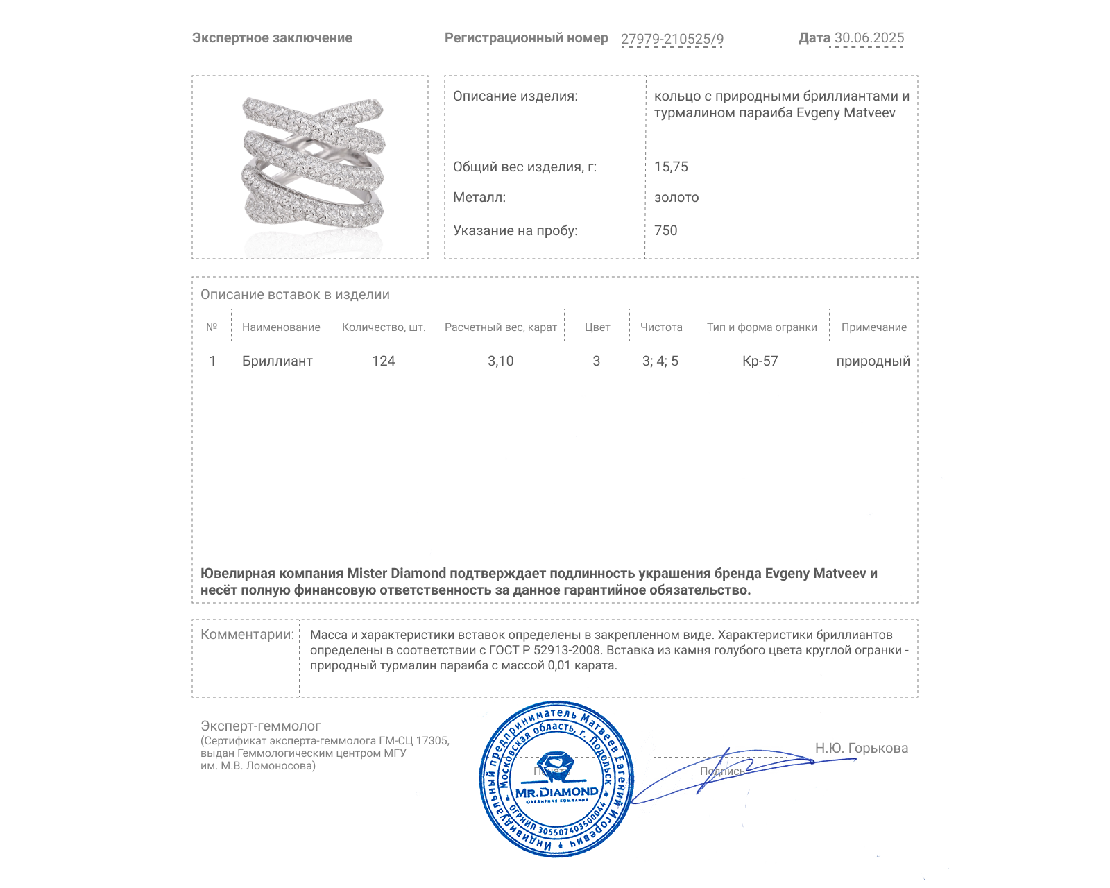 Золотое кольцо с бриллиантами 3.10ct Evgeny Matveev