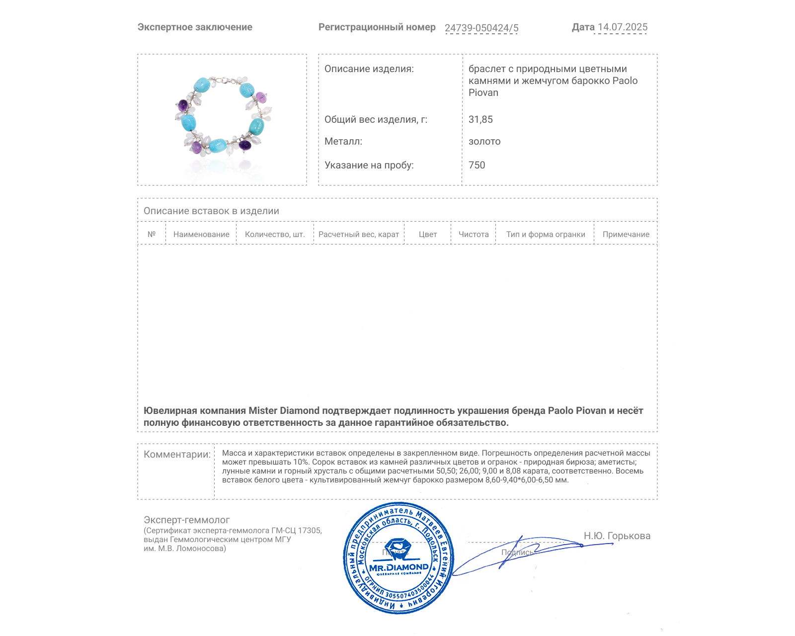 Оригинальный золотой браслет с цветными камнями 93.58ct Paolo Piovan