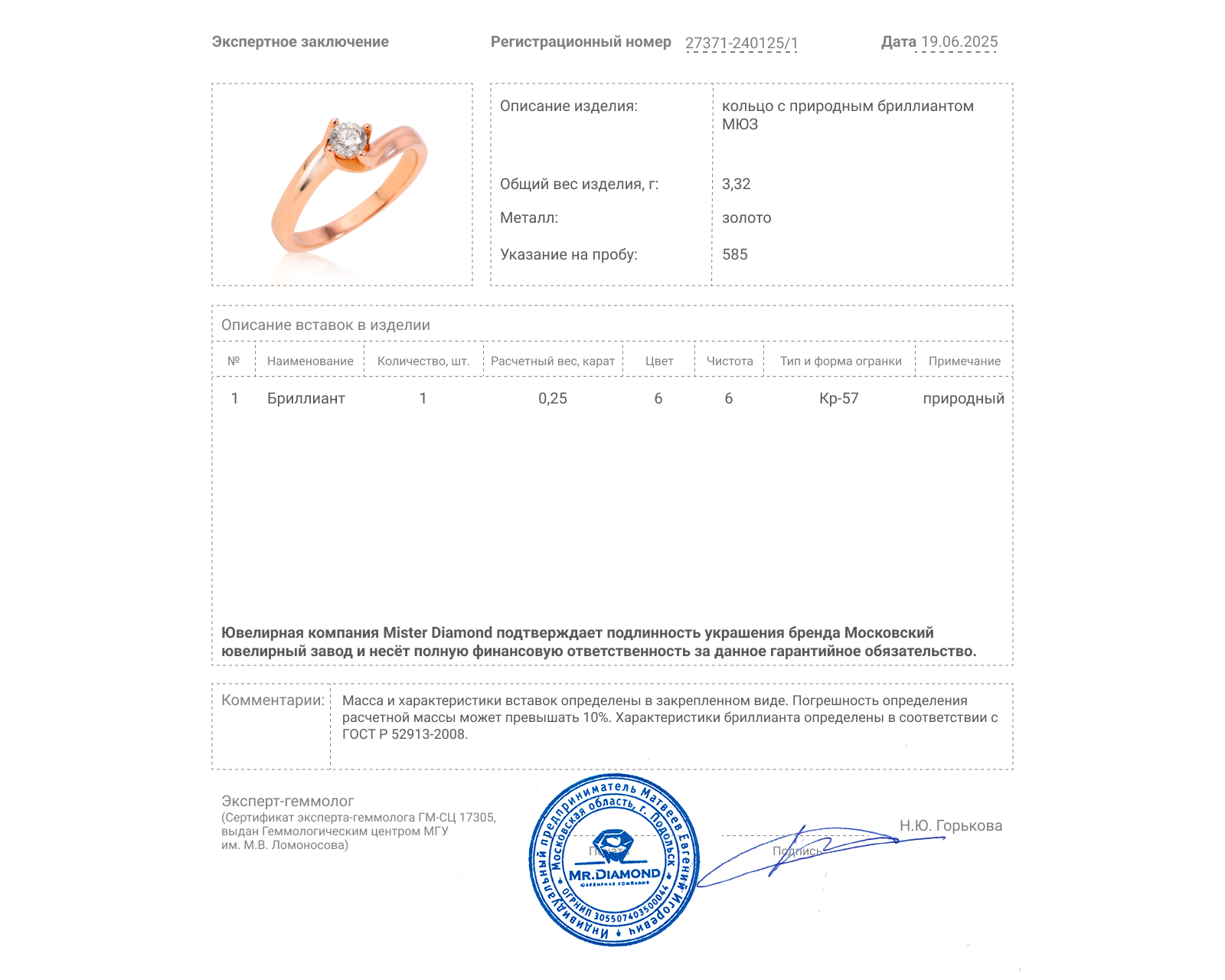 Оригинальное золотое кольцо с бриллиантом 0.25ct МЮЗ