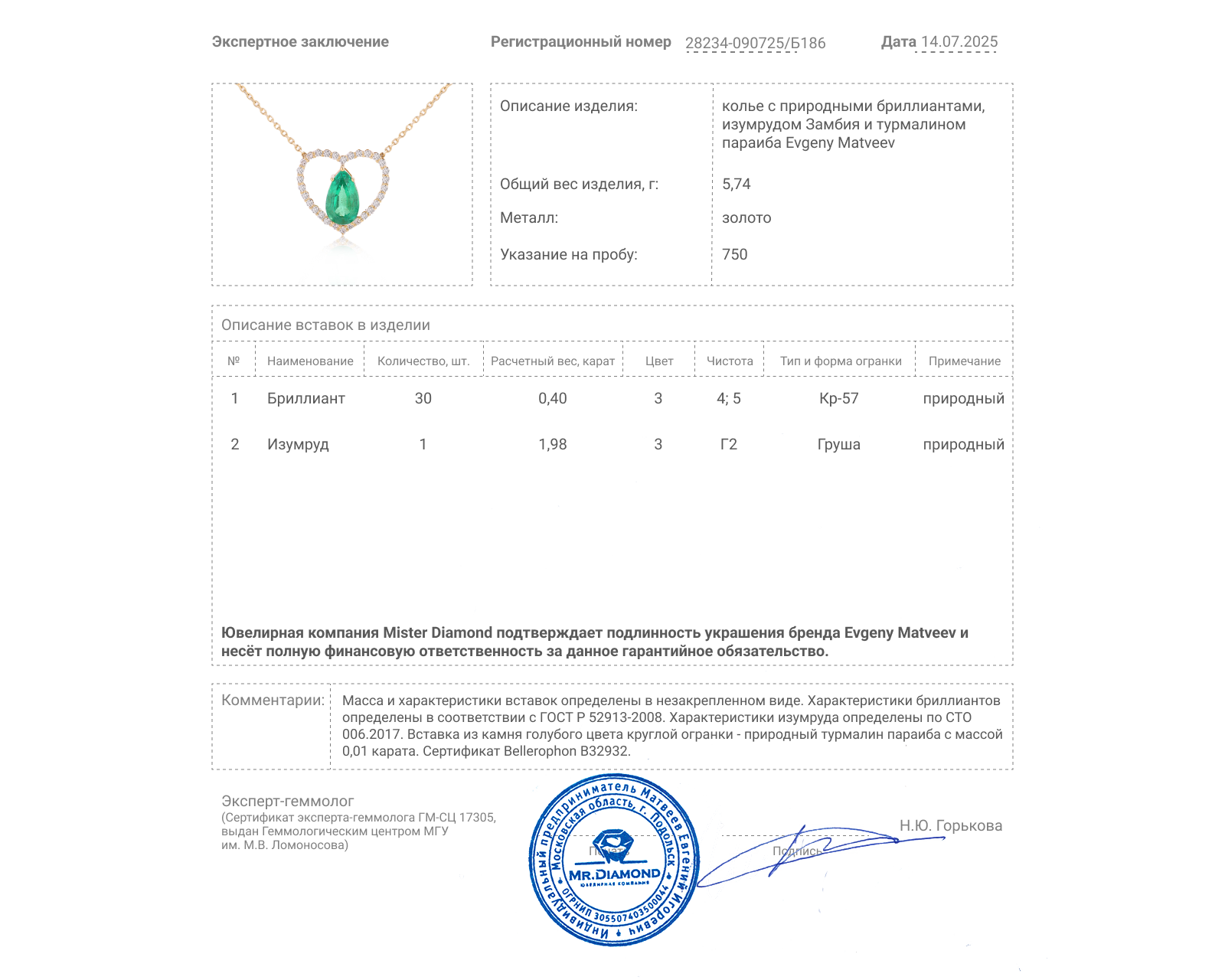 Золотое колье с изумрудом Замбия 1.98ct Evgeny Matveev