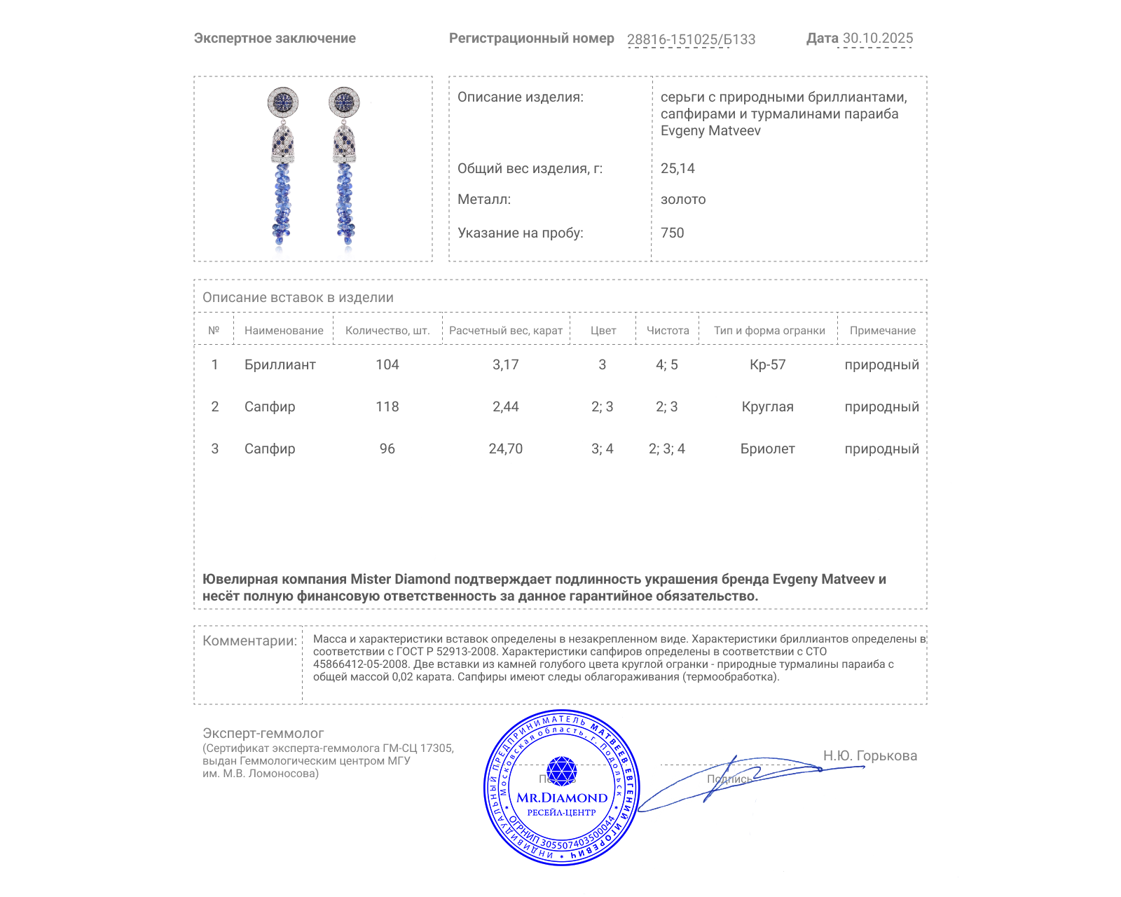 Золотые серьги с сапфирами 27.14ct и бриллиантами 3.17ct Evgeny Matveev