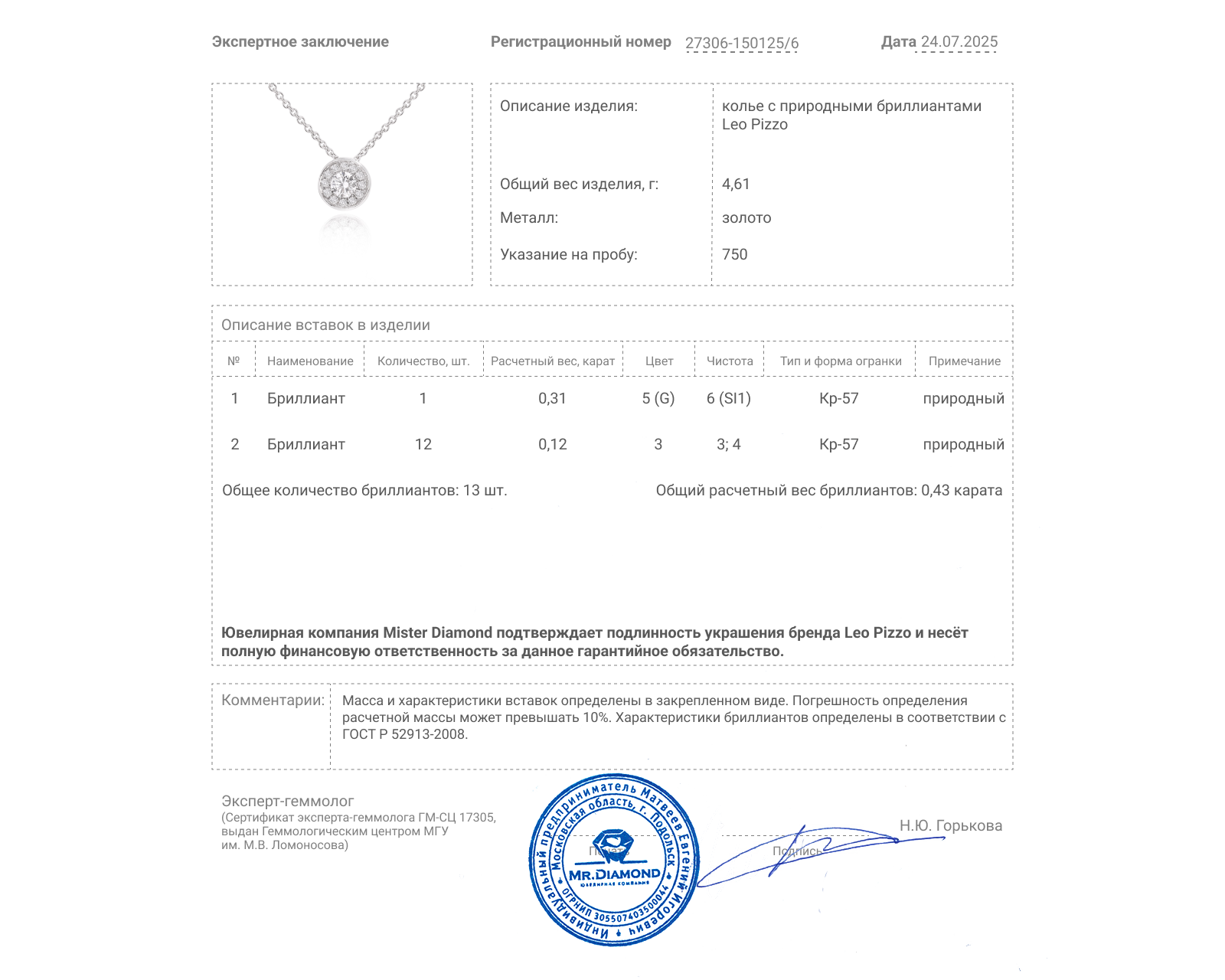 Оригинальное золотое колье с бриллиантами 0.43ct Leo Pizzo