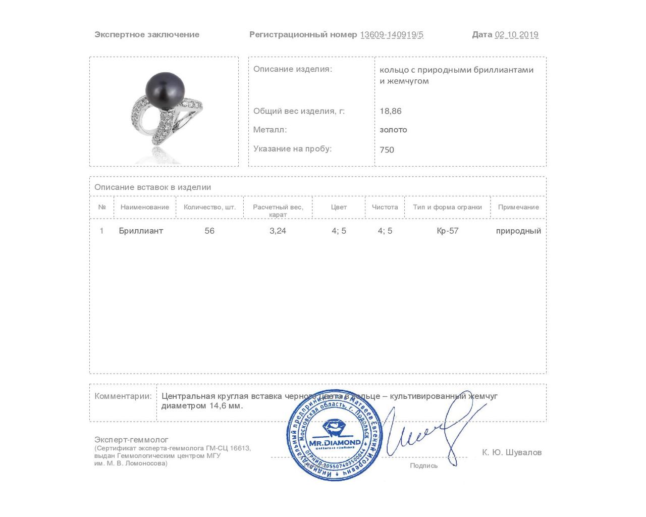 Чарующее золотое кольцо с жемчугом 14.60 мм