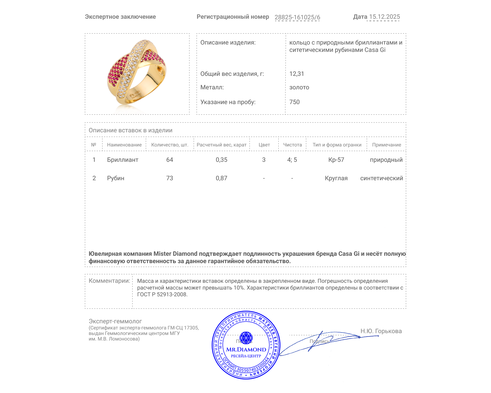 Оригинальное золотое кольцо с рубинами 0.87ct Casa Gi