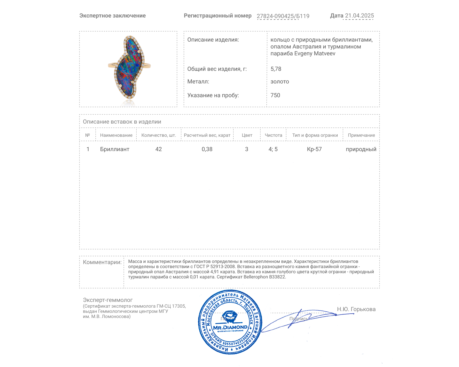 Золотое кольцо с опалом Австралия 4.91ct Evgeny Matveev