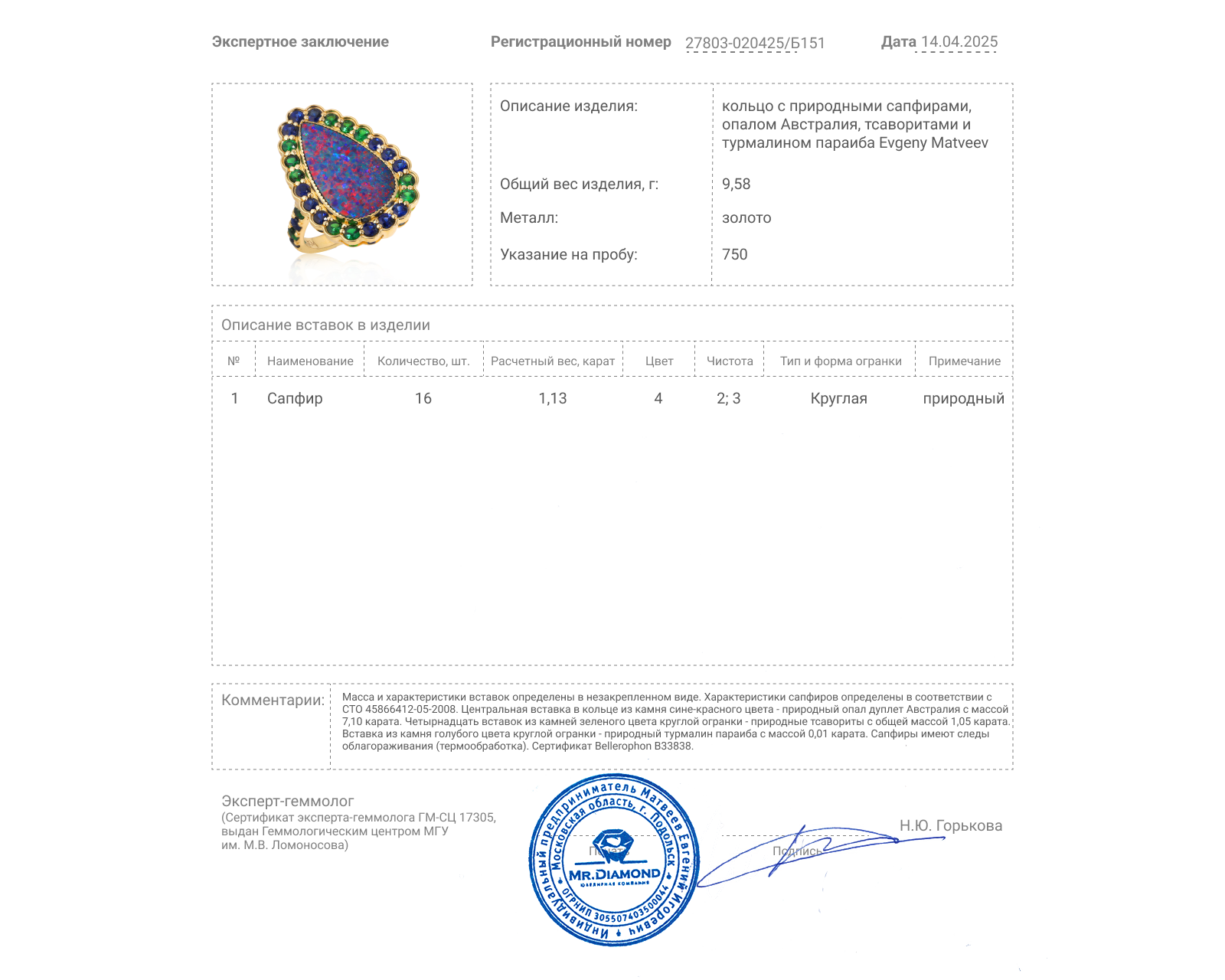 Золотое кольцо с опалом Австралия 7.10ct Evgeny Matveev