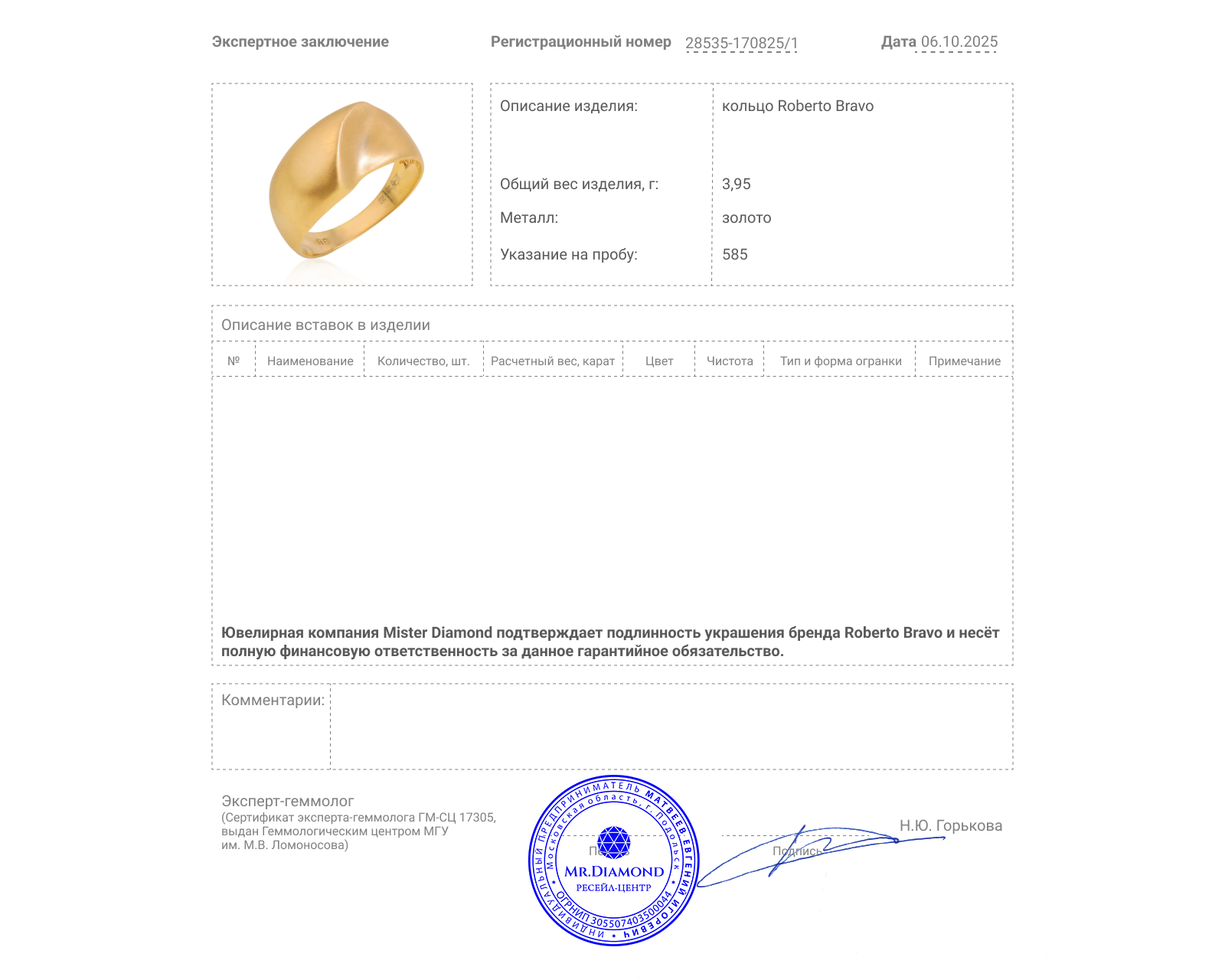 Оригинальное золотое кольцо Roberto Bravo