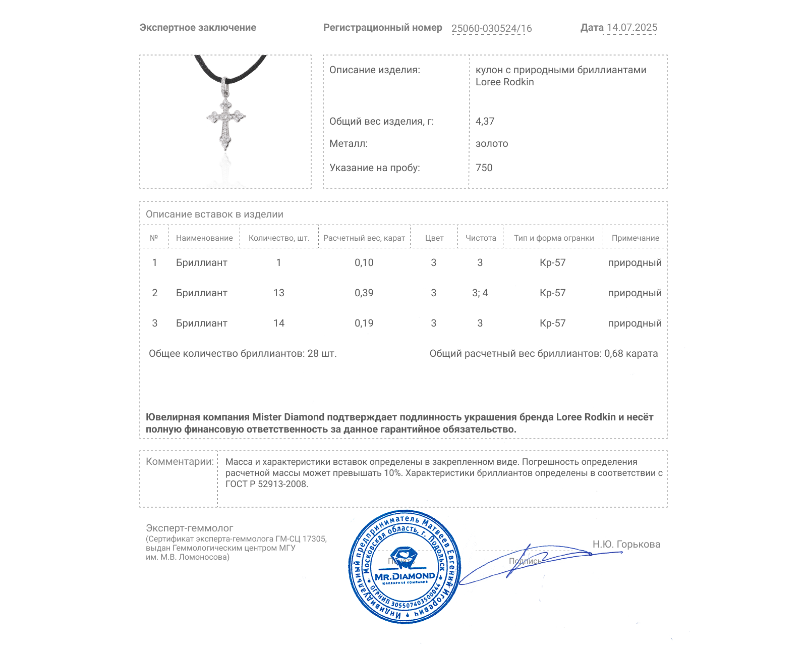 Оригинальный золотой кулон с бриллиантами 0.68ct Loree Rodkin Mini Gothic