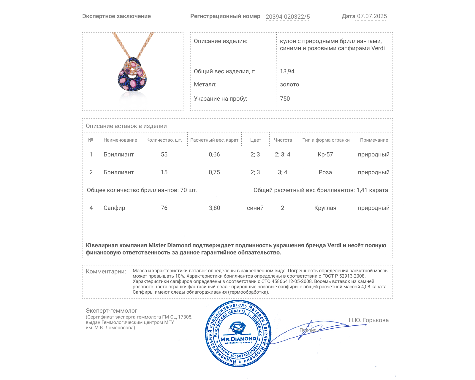 Оригинальный золотой кулон с сапфирами 7.88ct Verdi