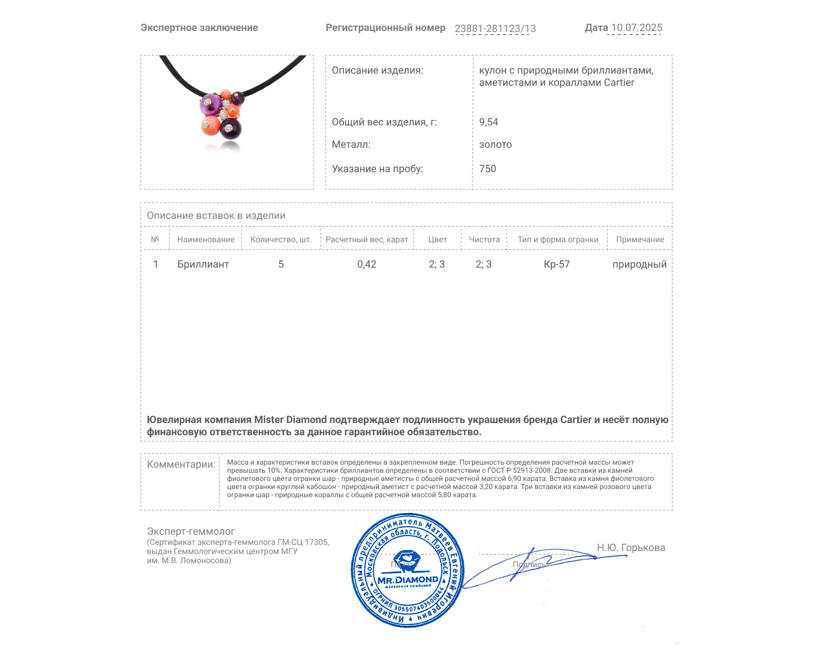 Оригинальный золотой кулон с аметистами 10.10ct Cartier Délices de Goa Dore