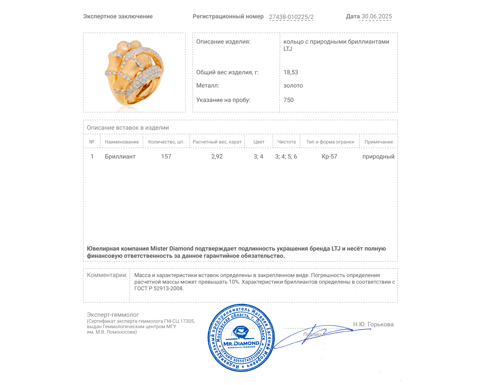 Оригинальное золотое кольцо с бриллиантами 2.92ct LTJ