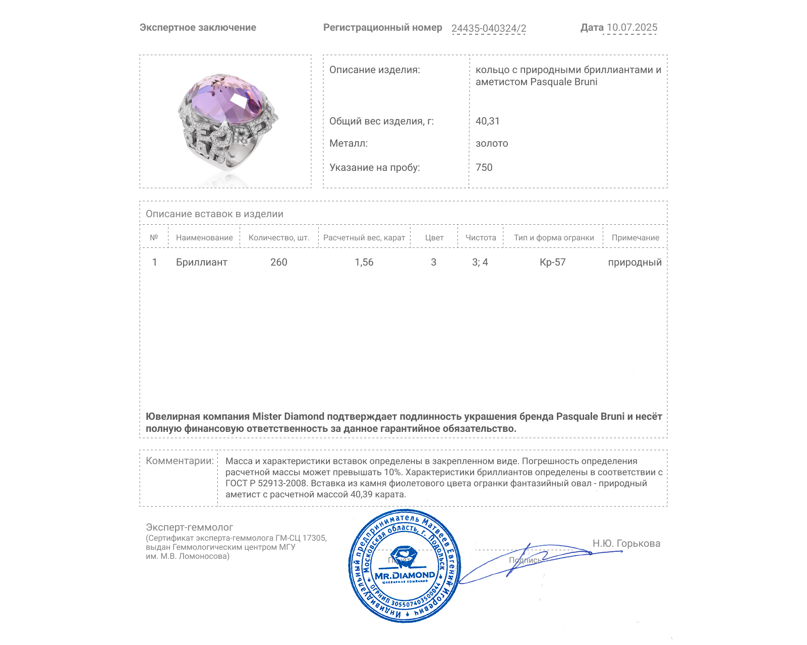 Оригинальное золотое кольцо с аметистом 40.39ct Pasquale Bruni Amore