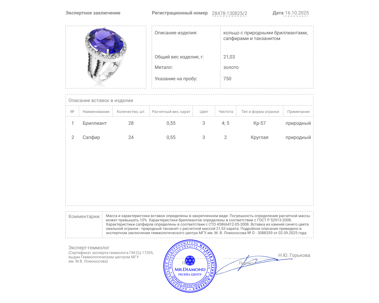 Золотое кольцо с танзанитом 21.53ct и сапфирами 0.55ct