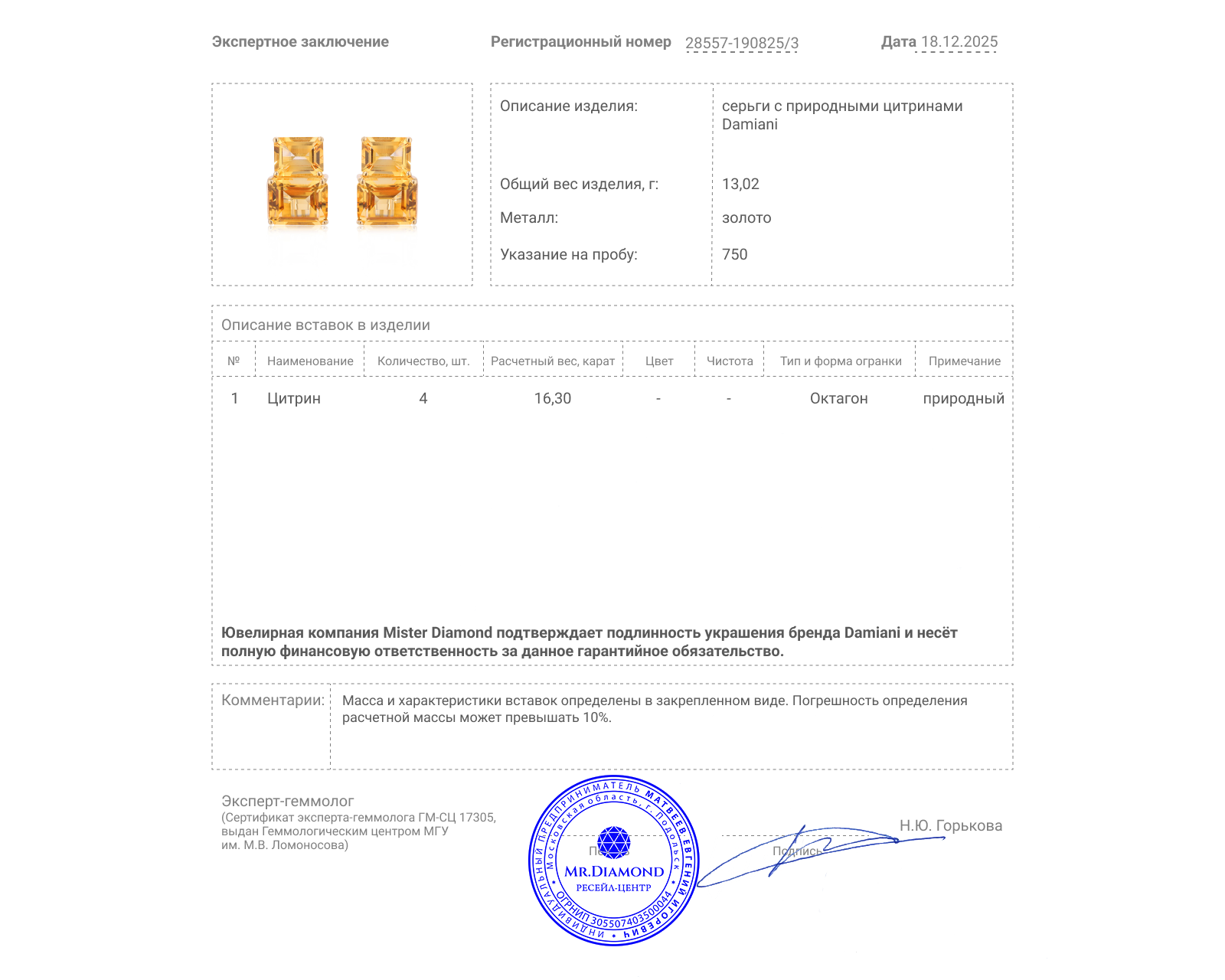 Оригинальные золотые серьги с цитринами 16.30ct Damiani