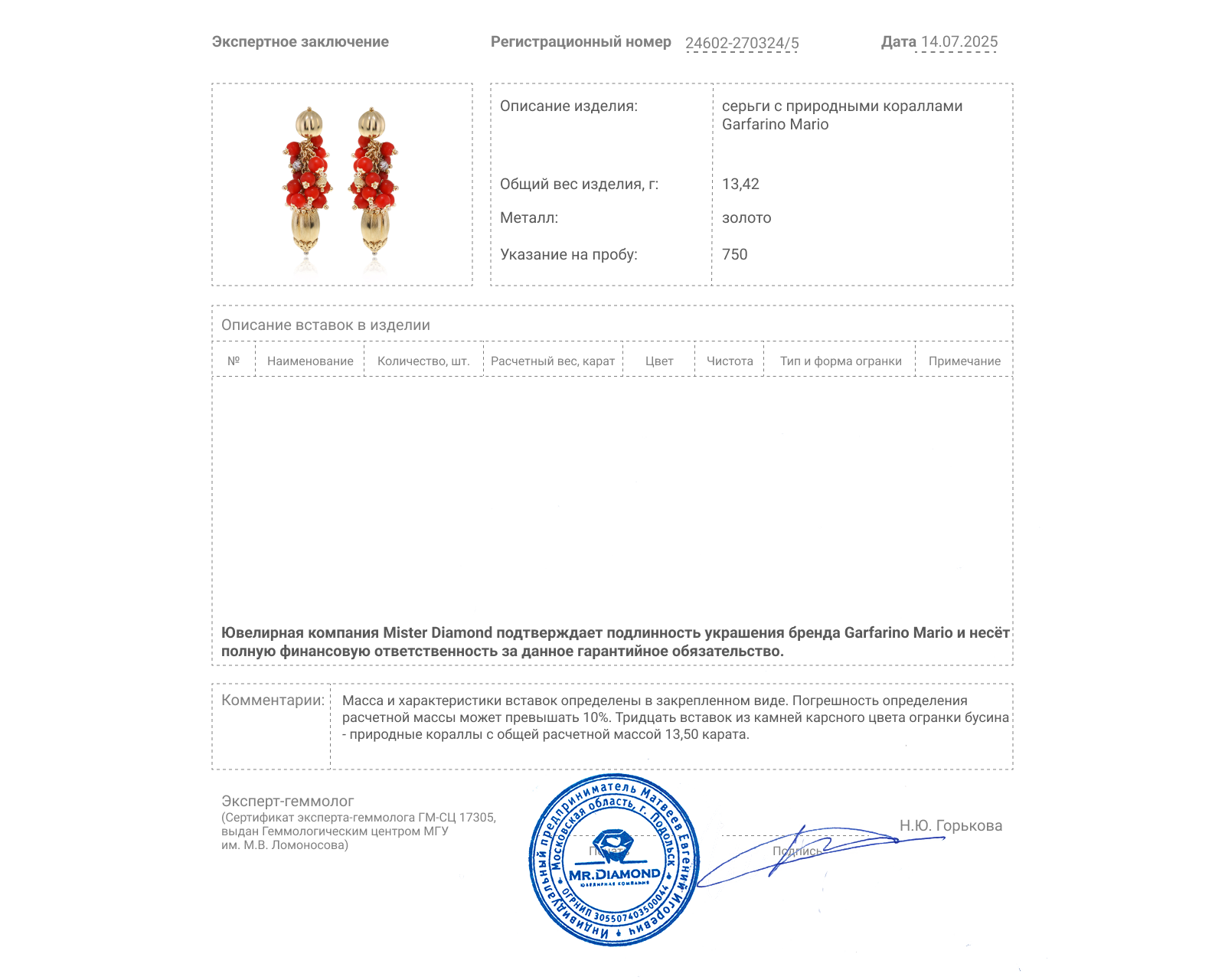 Оригинальные золотые серьги с кораллами 13.50ct Garfarino Mario