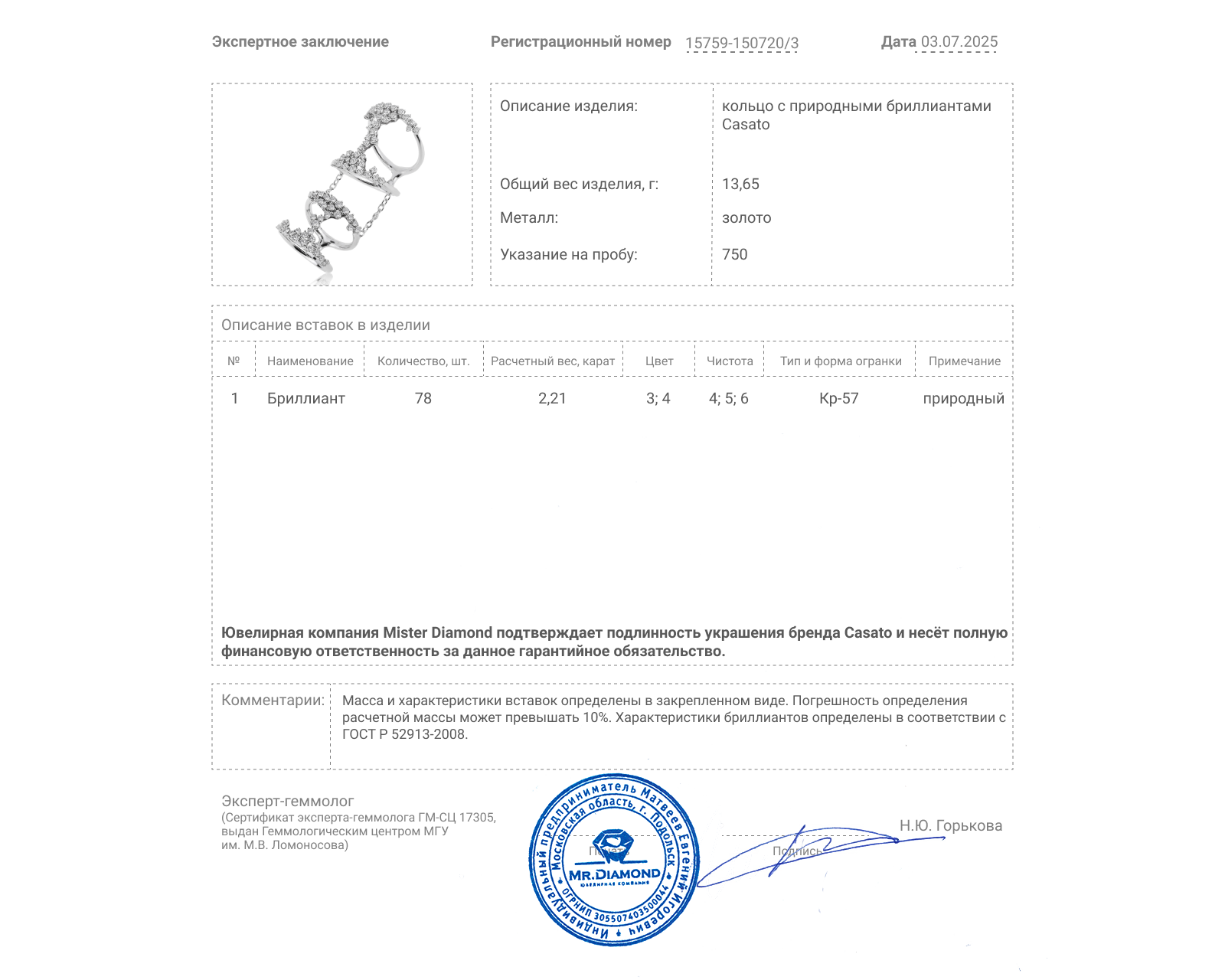 Оригинальное золотое кольцо с бриллиантами 2.21ct Casato