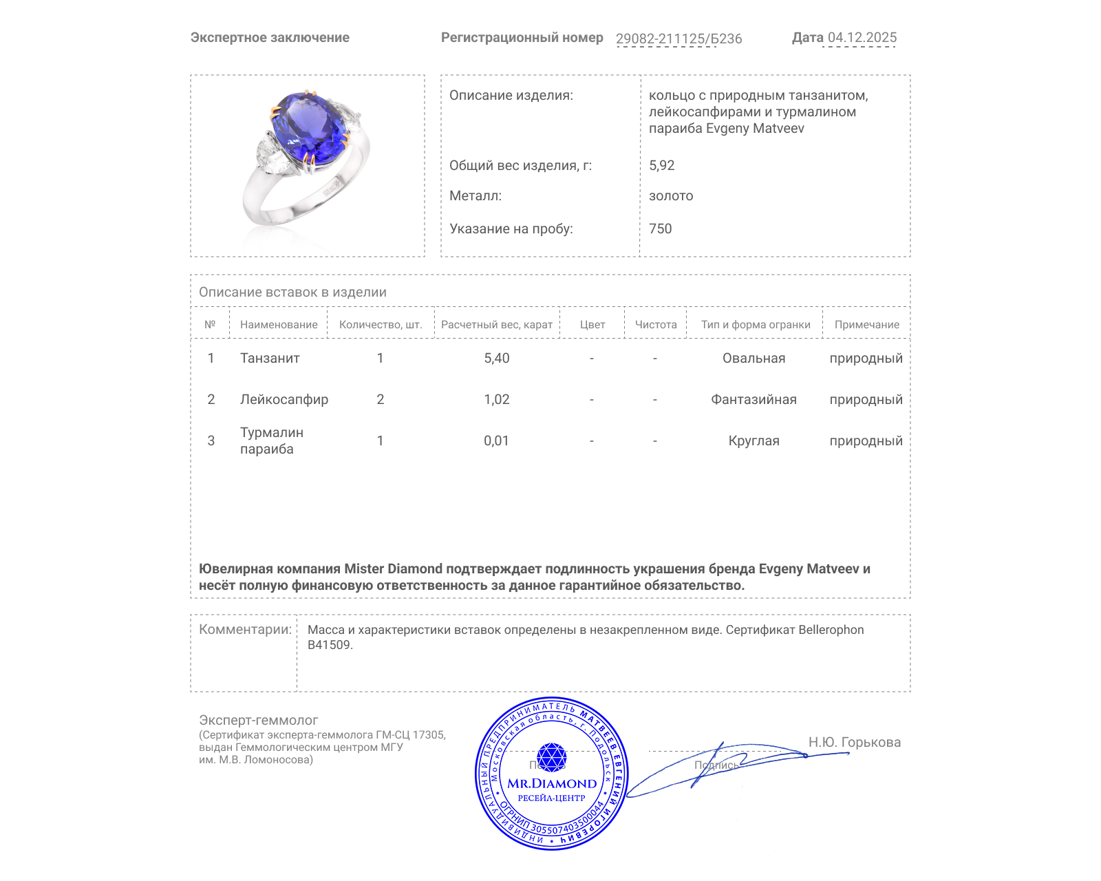 Золотое кольцо с танзанитом 5.40ct Evgeny Matveev
