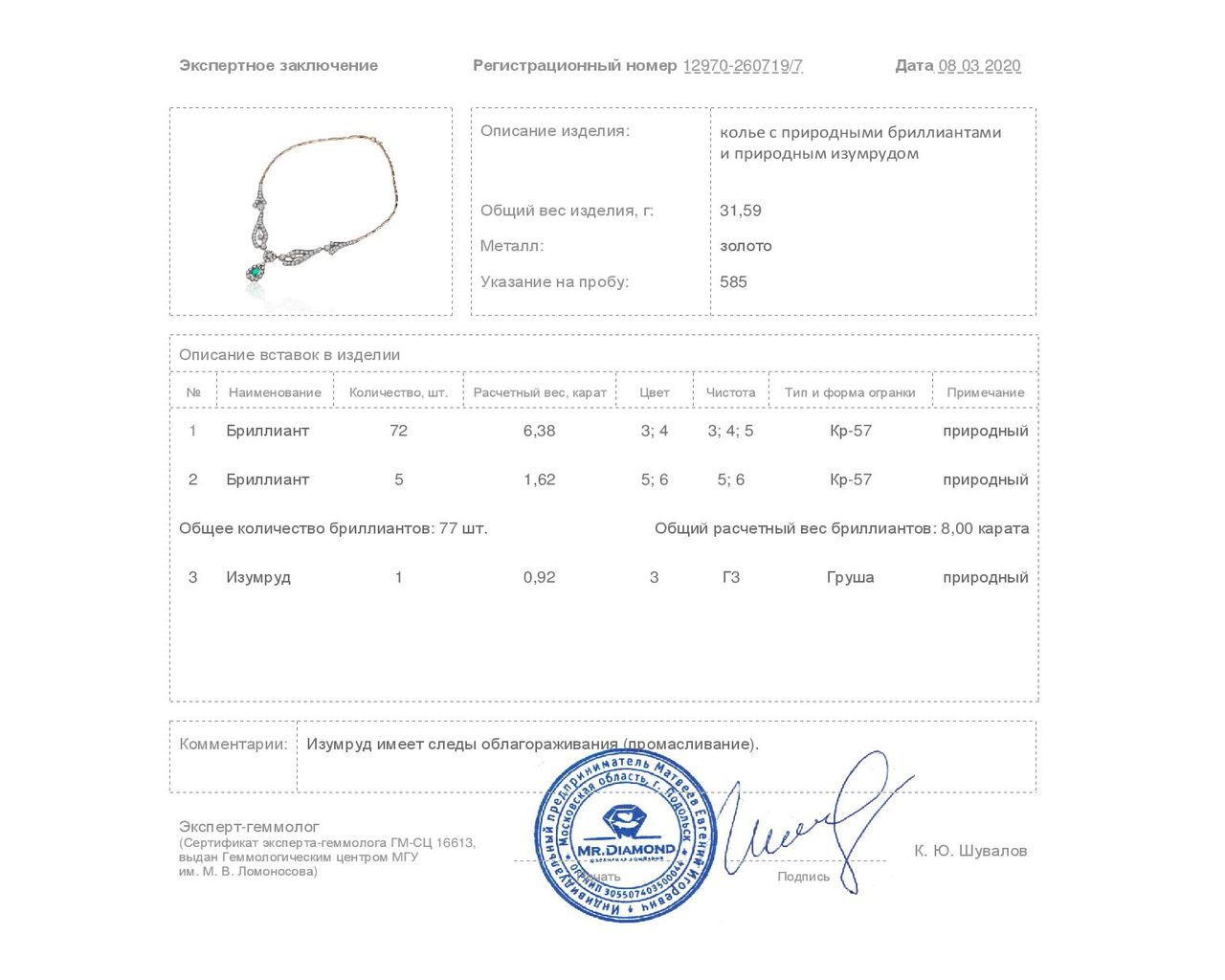 Богатое золотое колье с изумрудом 0.92ct