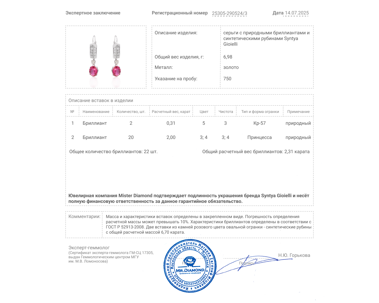 Оригинальные золотые серьги с рубинами 6.70ct Syntya Gioielli