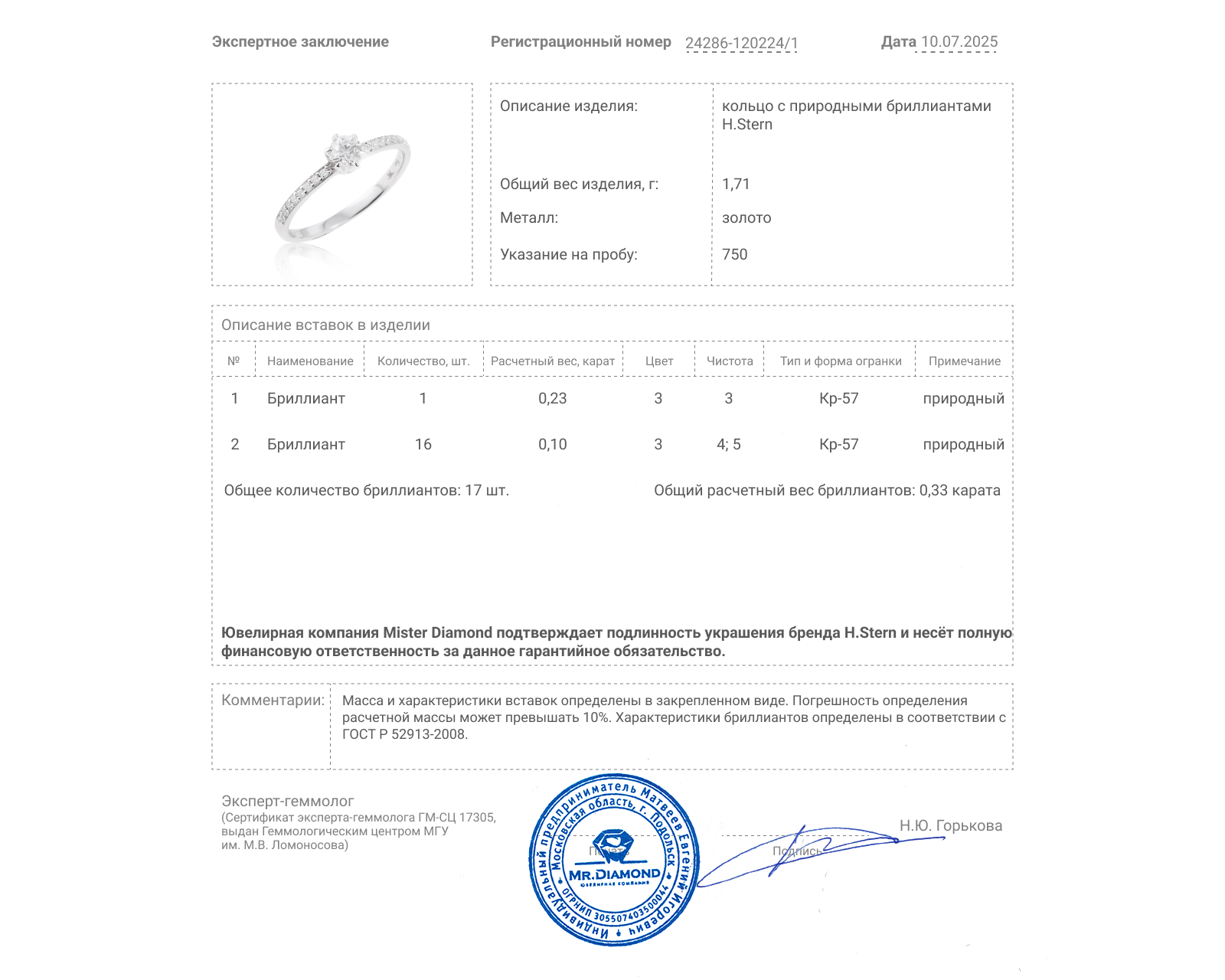 Оригинальное золотое кольцо с бриллиантами 0.33ct H.Stern