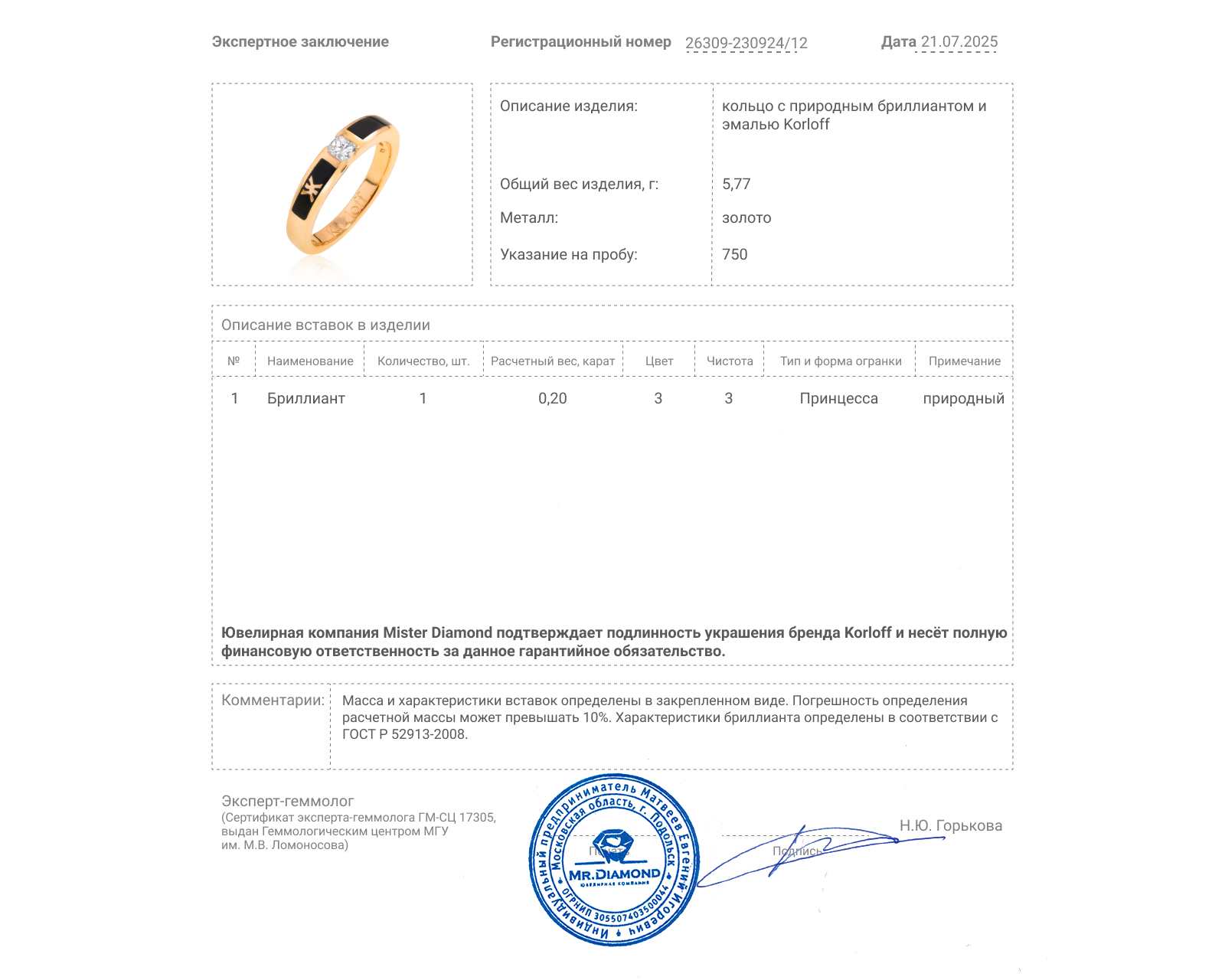 Оригинальное золотое кольцо с бриллиантом 0.20ct Korloff