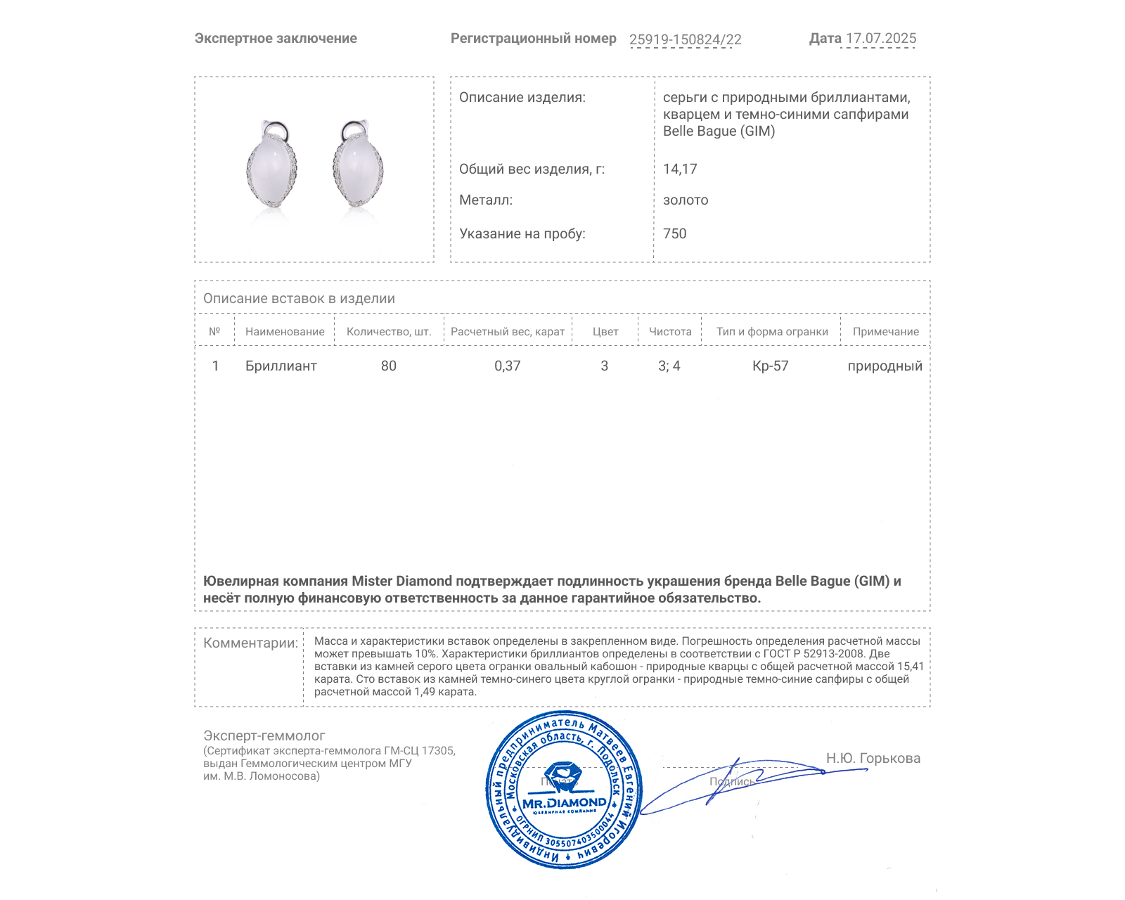 Оригинальные золотые серьги с кварцем 15.41ct Belle Bague (GIM)