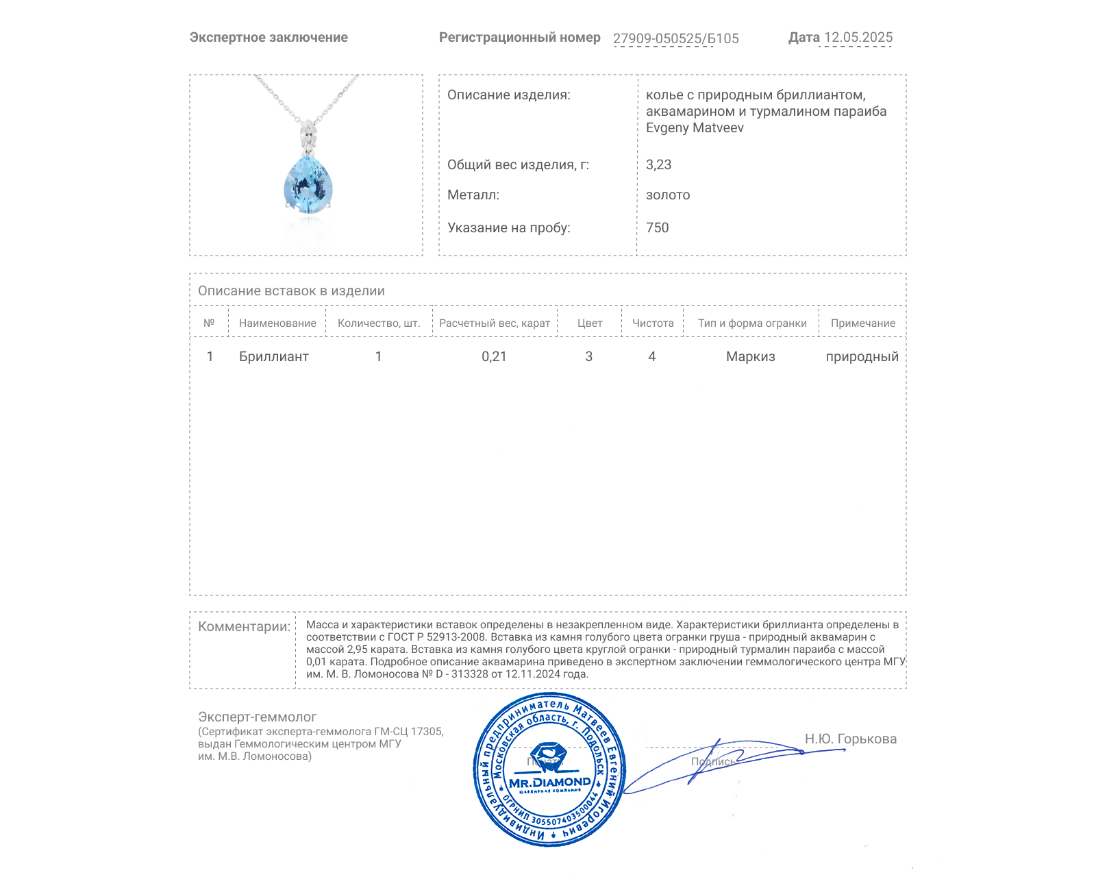 Золотое колье с аквамарином 2.95ct Evgeny Matveev