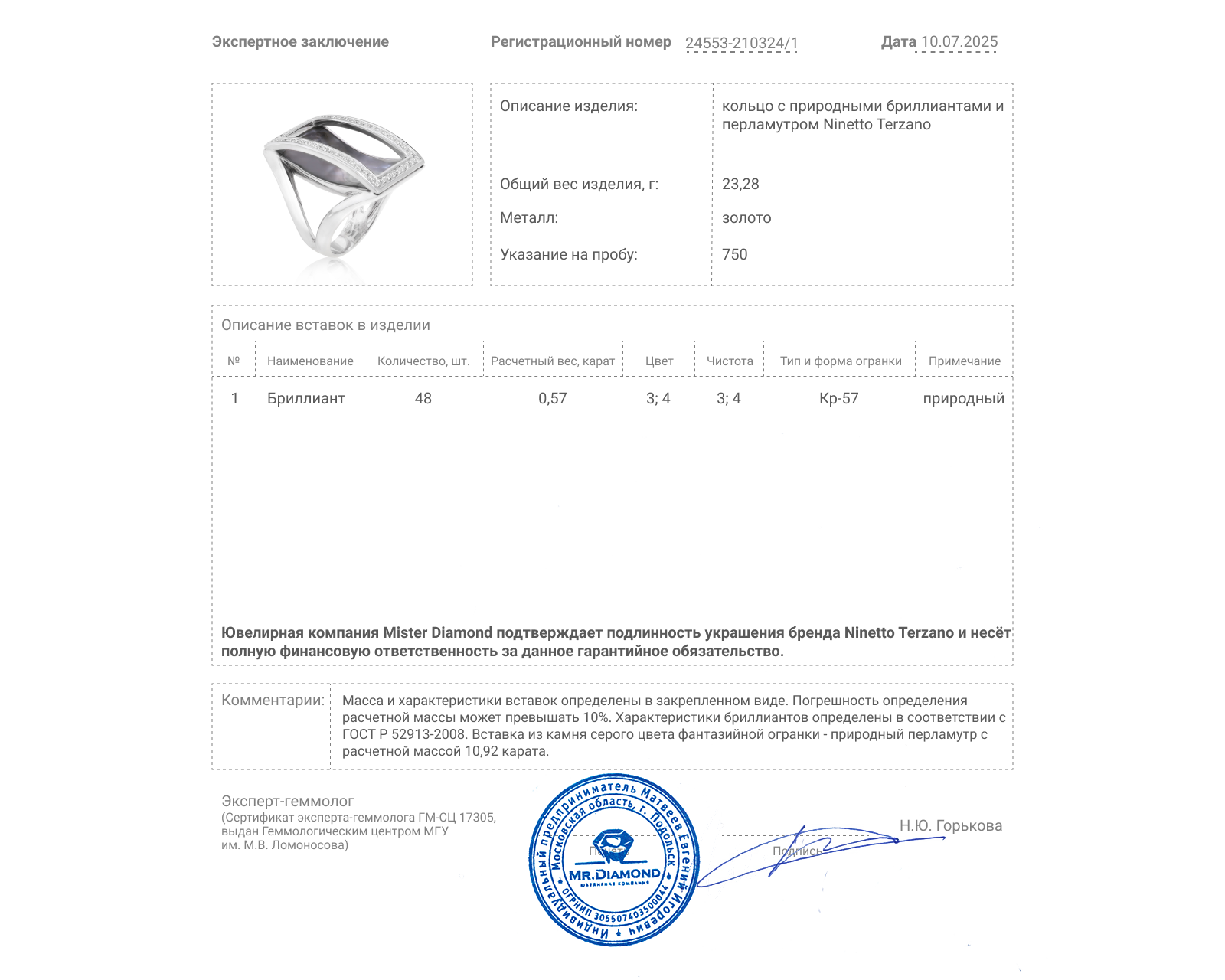 Оригинальное золотое кольцо с перламутром 10.92ct Ninetto Terzano