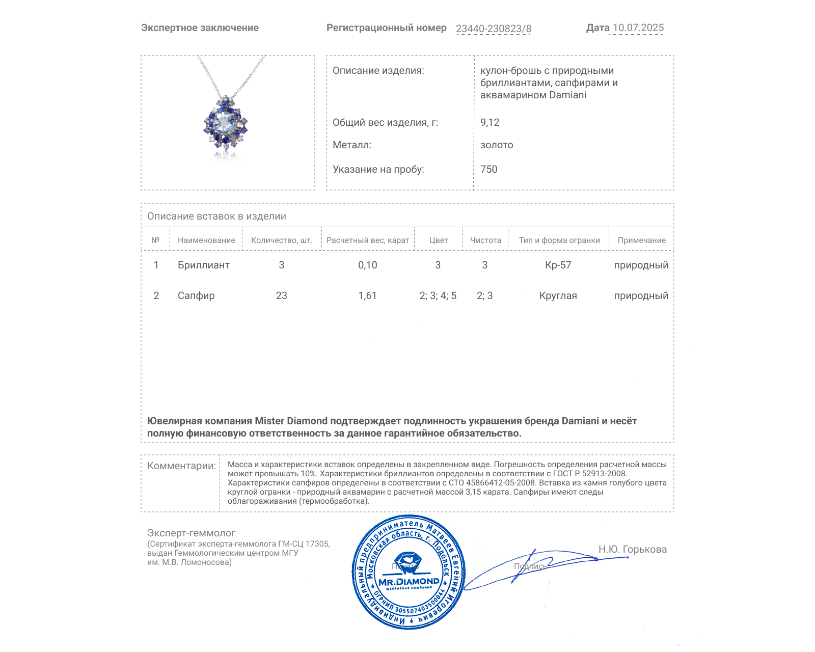 Оригинальный золотой кулон-брошь с аквамарином 3.15ct Damiani Mimosa Anima