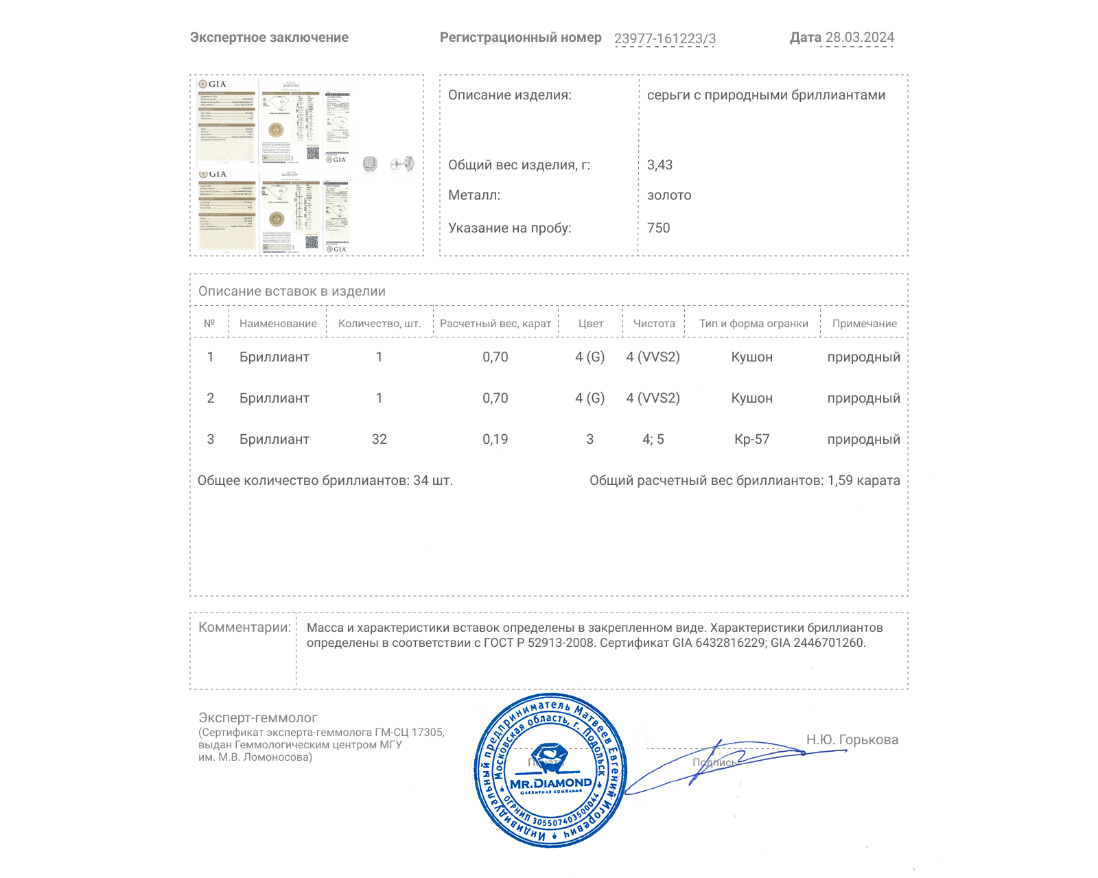 Оригинальные золотые серьги с бриллиантами 1.59ct Evgeny Matveev