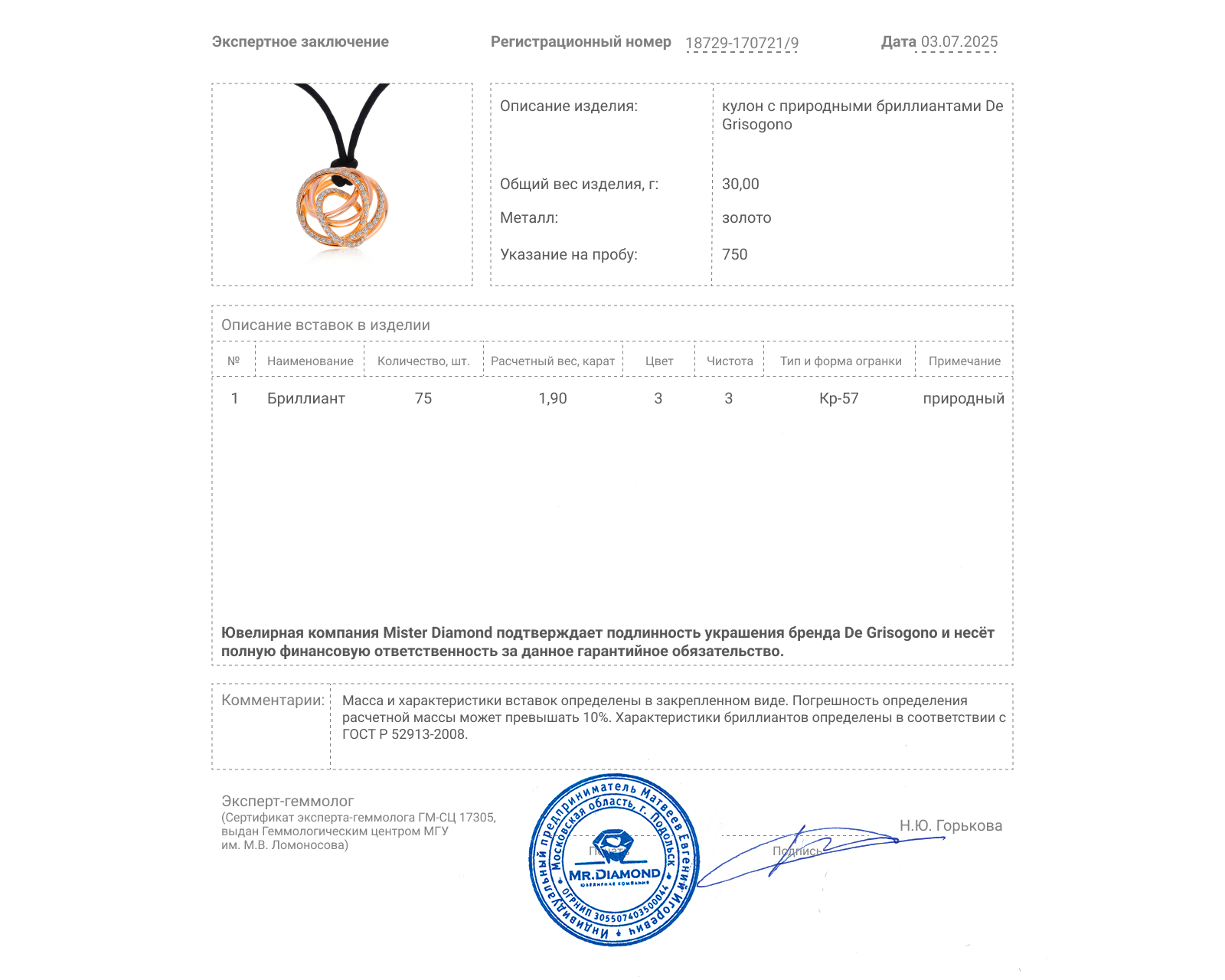 Оригинальный золотой кулон с бриллиантами 1.90ct De Grisogono Matassa