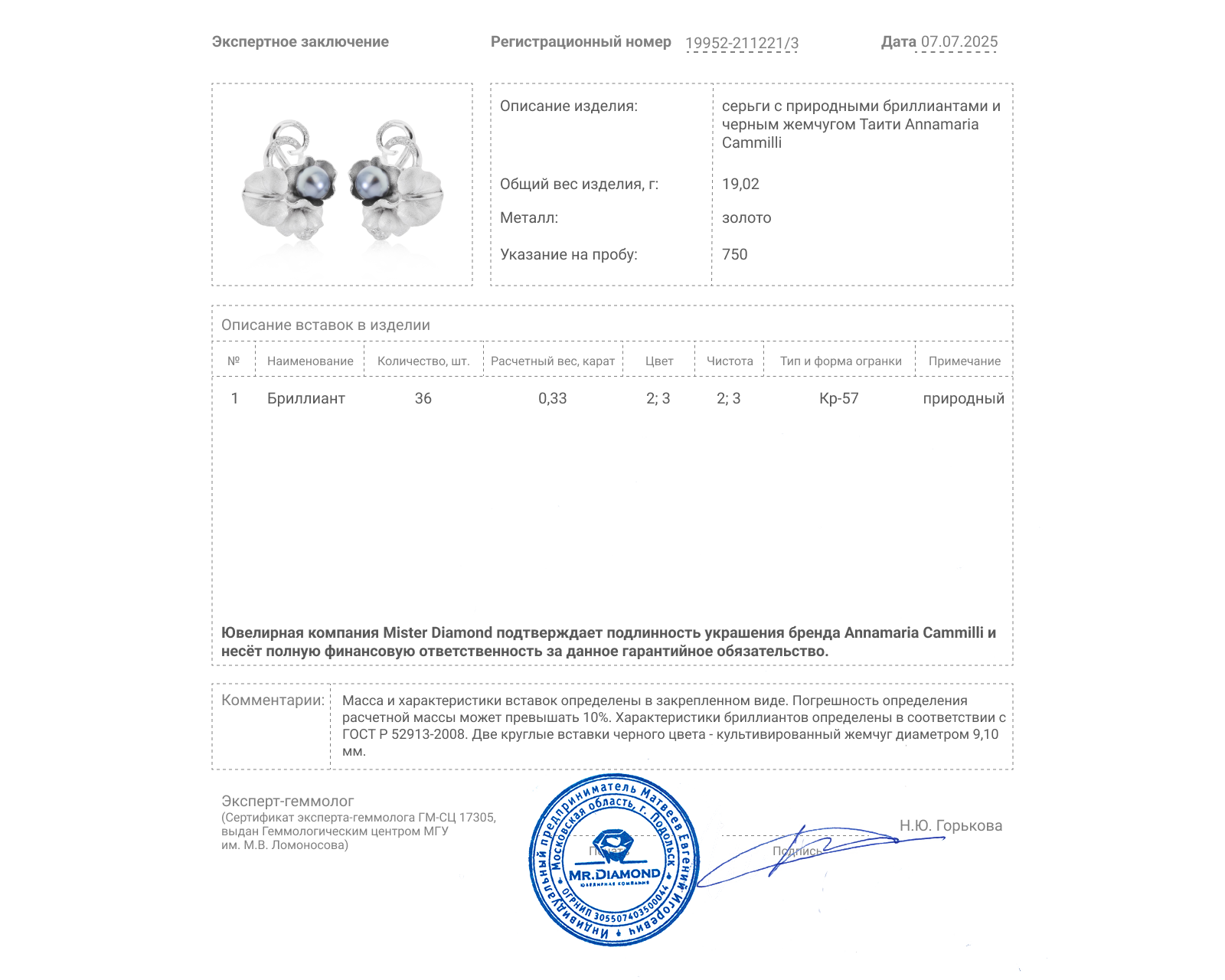 Оригинальные золотые серьги с жемчугом 9.10 мм Annamaria Cammilli