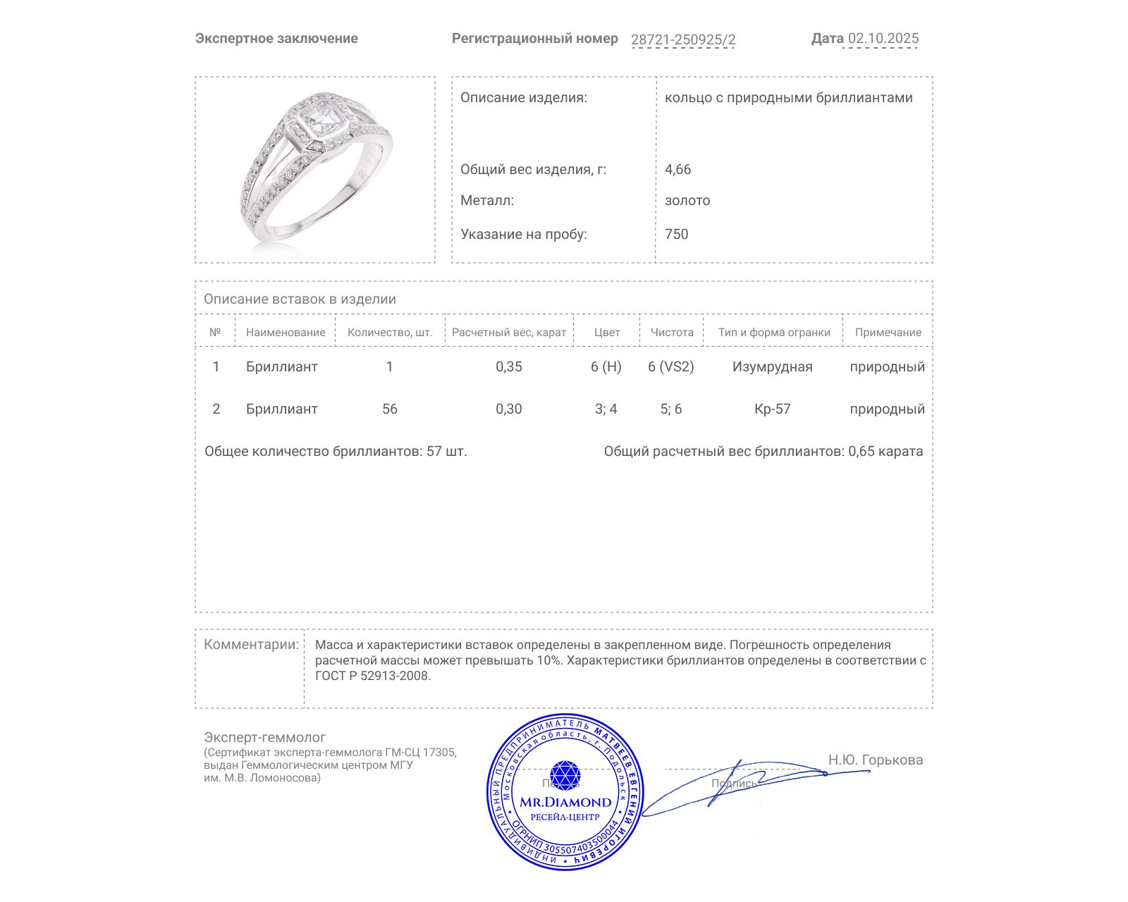 Золотое кольцо с бриллиантами 0.65ct