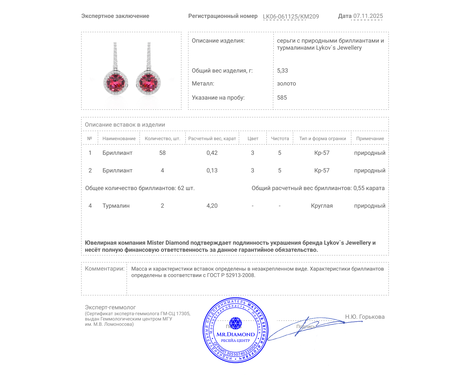 Оригинальные золотые серьги с турмалинами 4.20ct Lykov`s Jewellery