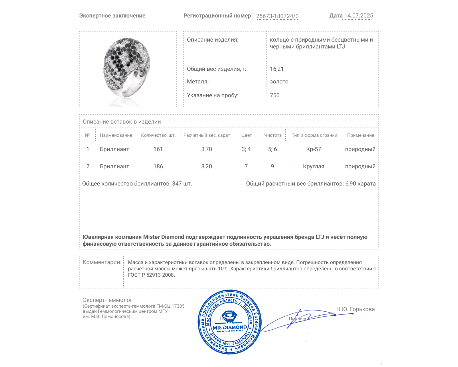 Оригинальное золотое кольцо с бриллиантами 6.90ct LTJ